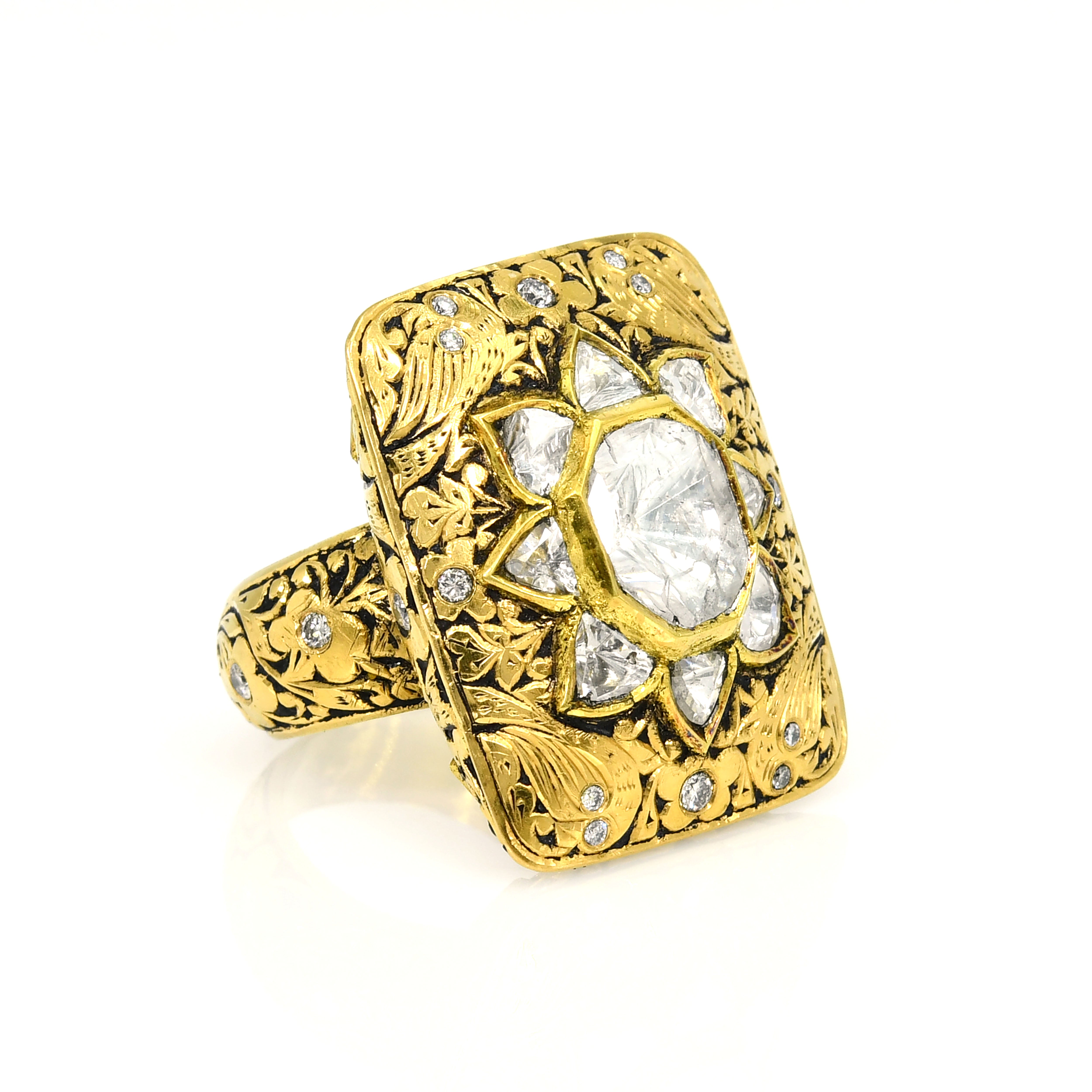 22k Yellow Gold Kundan Polki Diamond Rectangle Handcrafted Ring