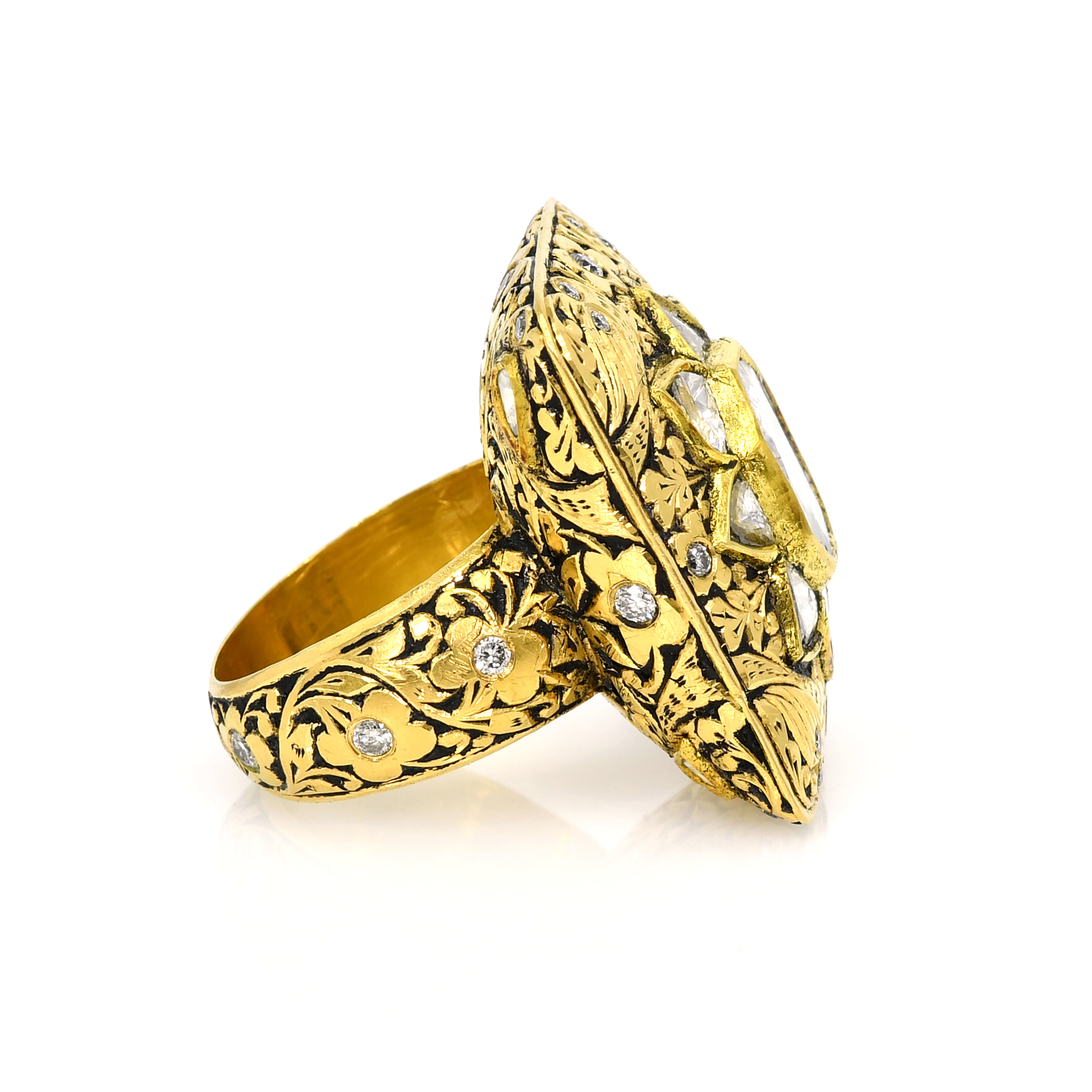 22k Yellow Gold Kundan Polki Diamond Rectangle Handcrafted Ring