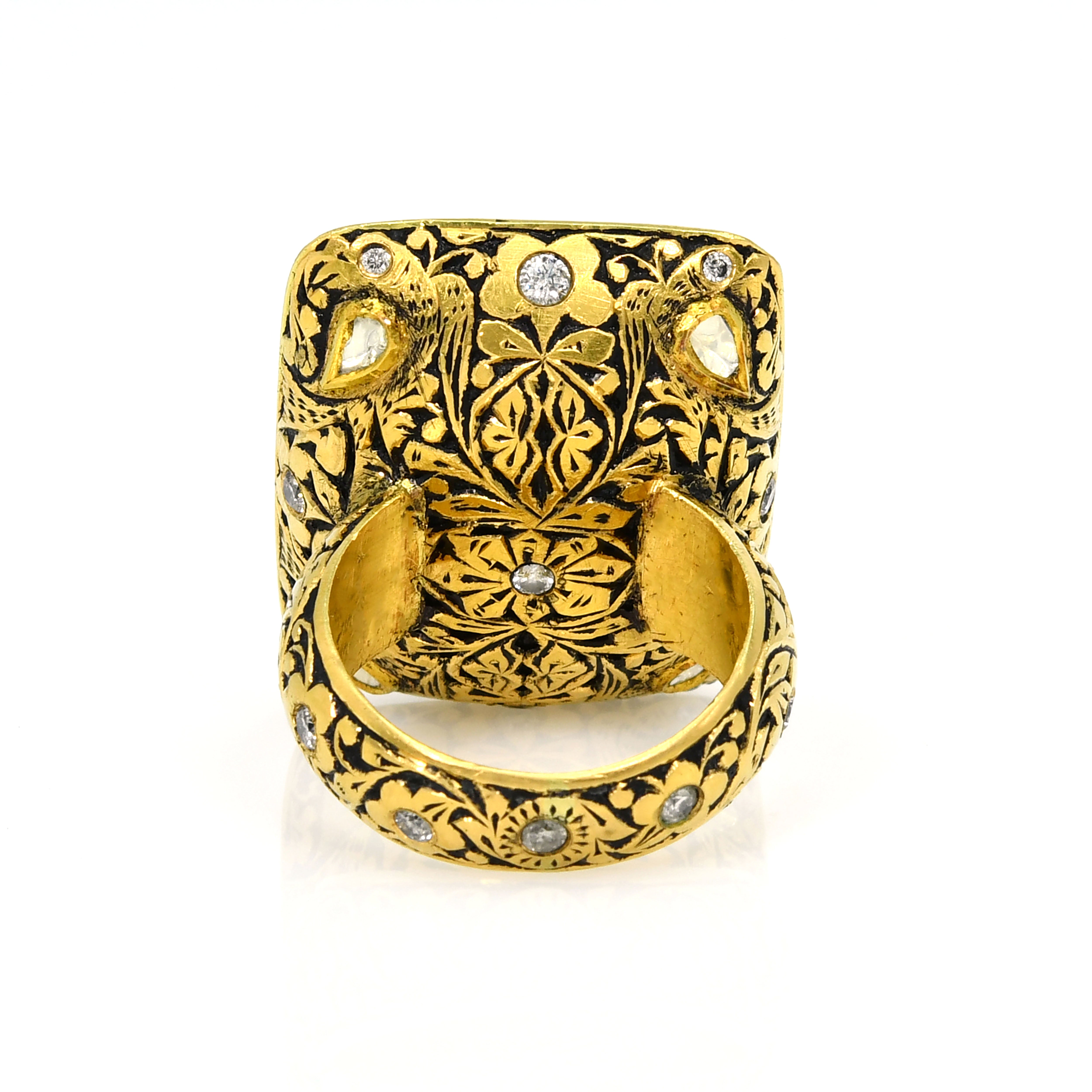 22k Yellow Gold Kundan Polki Diamond Rectangle Handcrafted Ring