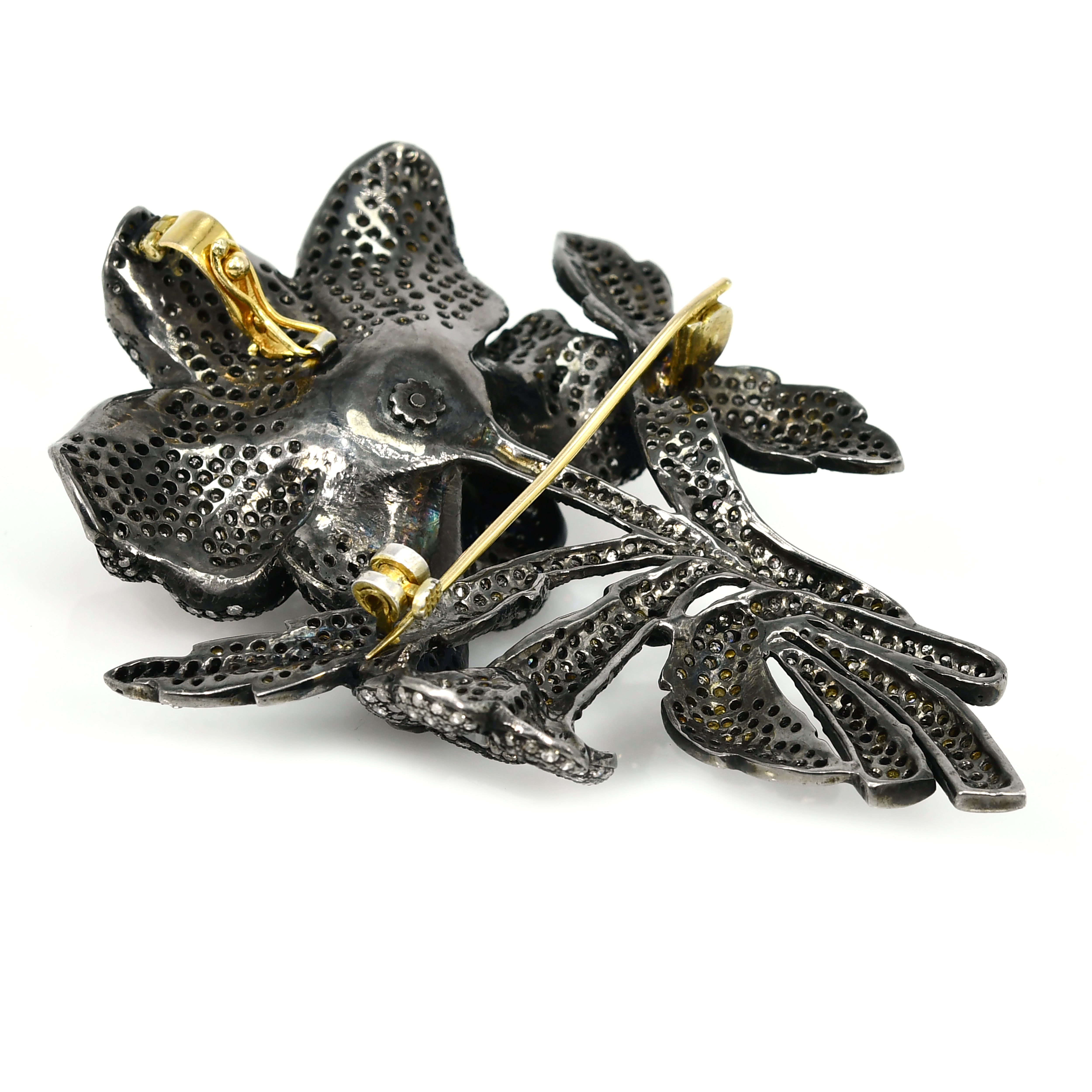Yellow Gold & Silver Victorian Flower Diamond Pendant-Brooch