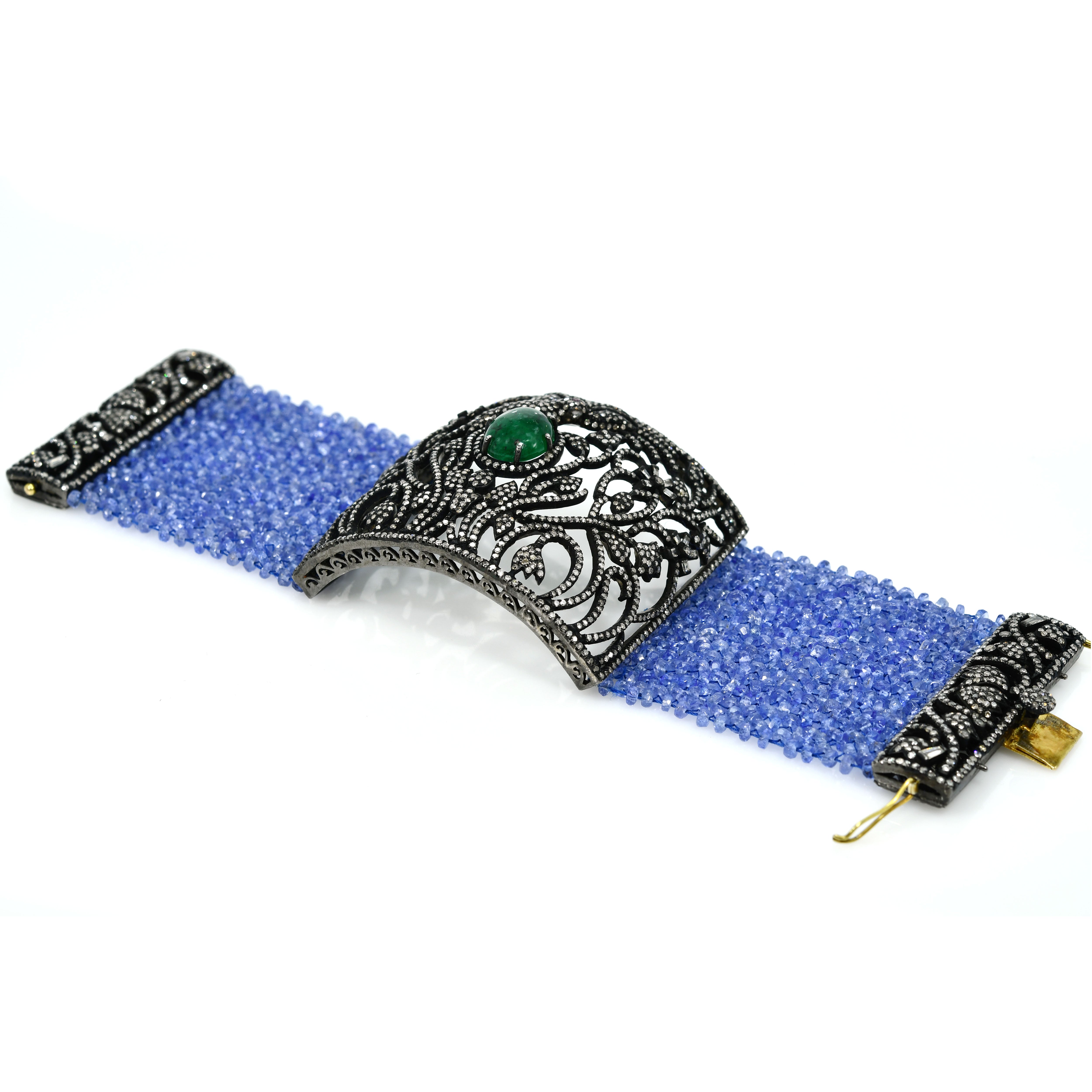 14k Yellow Gold Filigree Bracelet with Tanzanite, Emerald & Diamonds