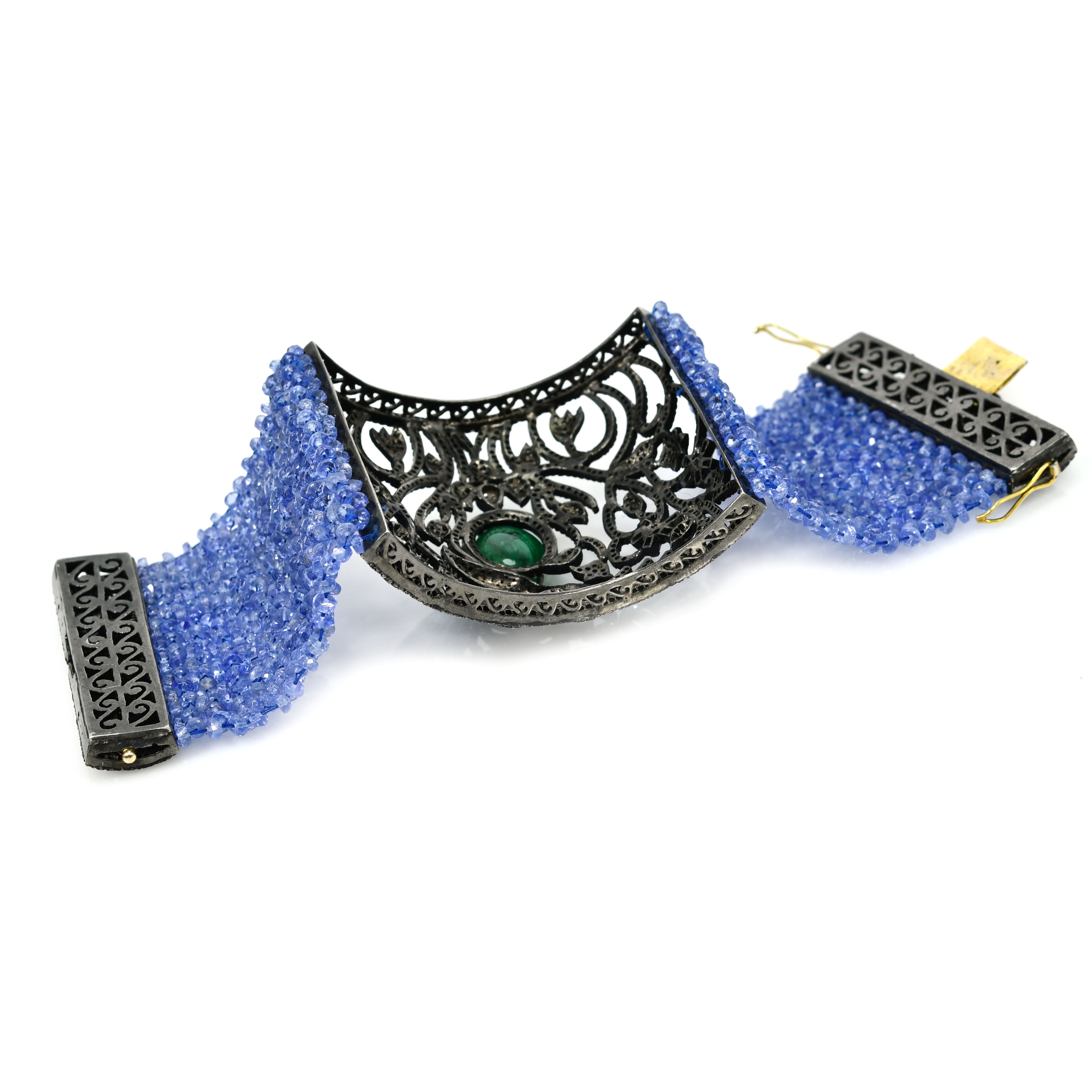 14k Yellow Gold Filigree Bracelet with Tanzanite, Emerald & Diamonds