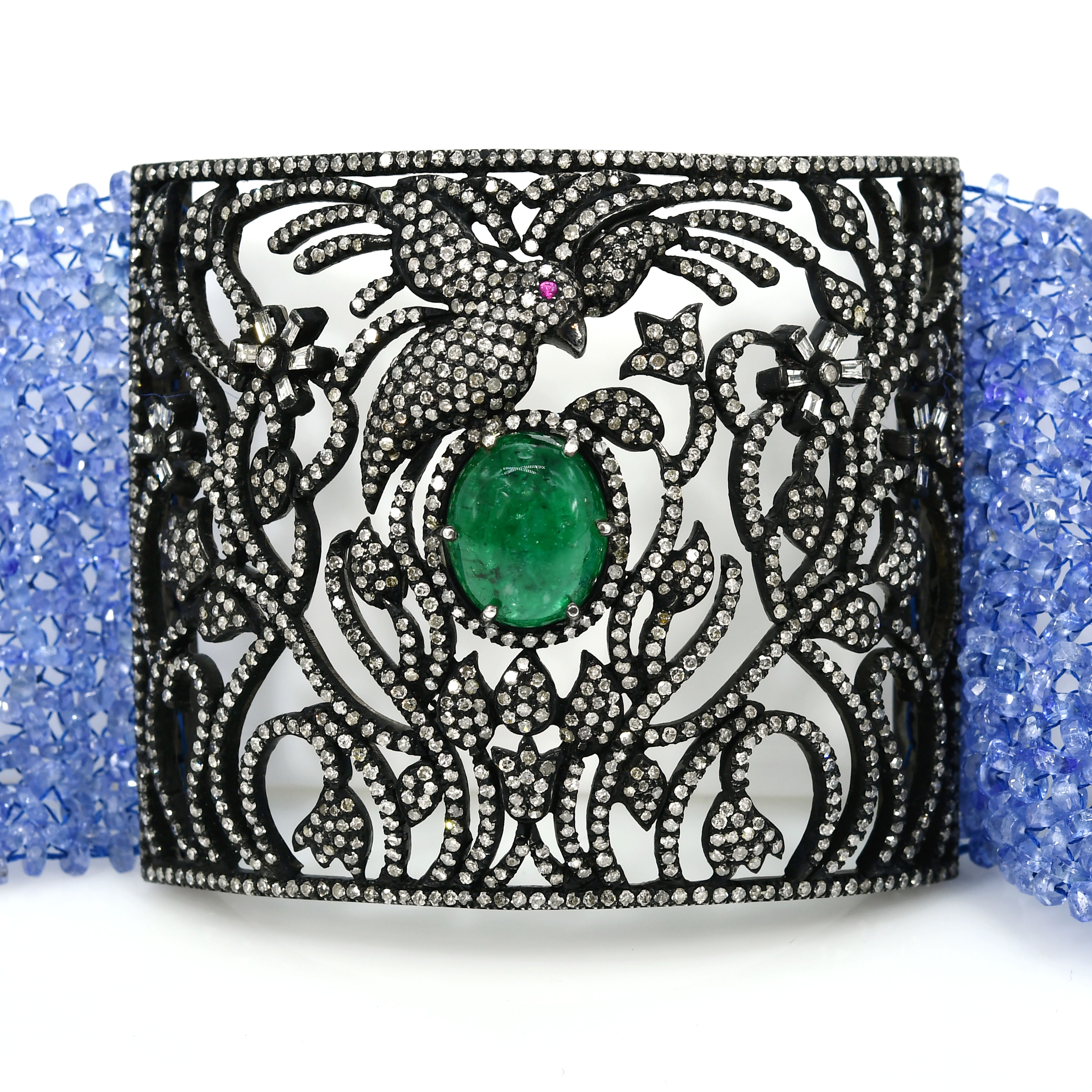 14k Yellow Gold Filigree Bracelet with Tanzanite, Emerald & Diamonds