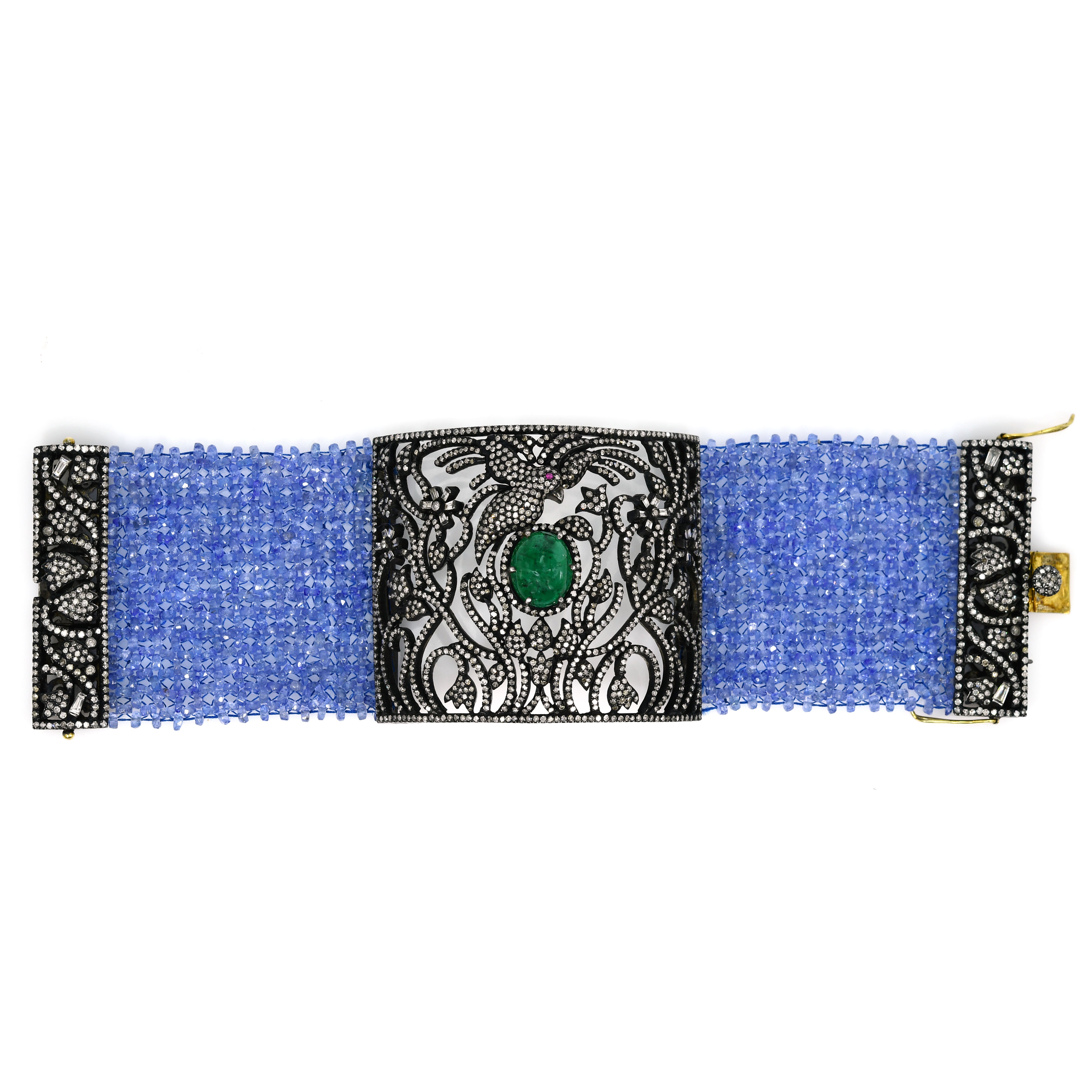 14k Yellow Gold Filigree Bracelet with Tanzanite, Emerald & Diamonds