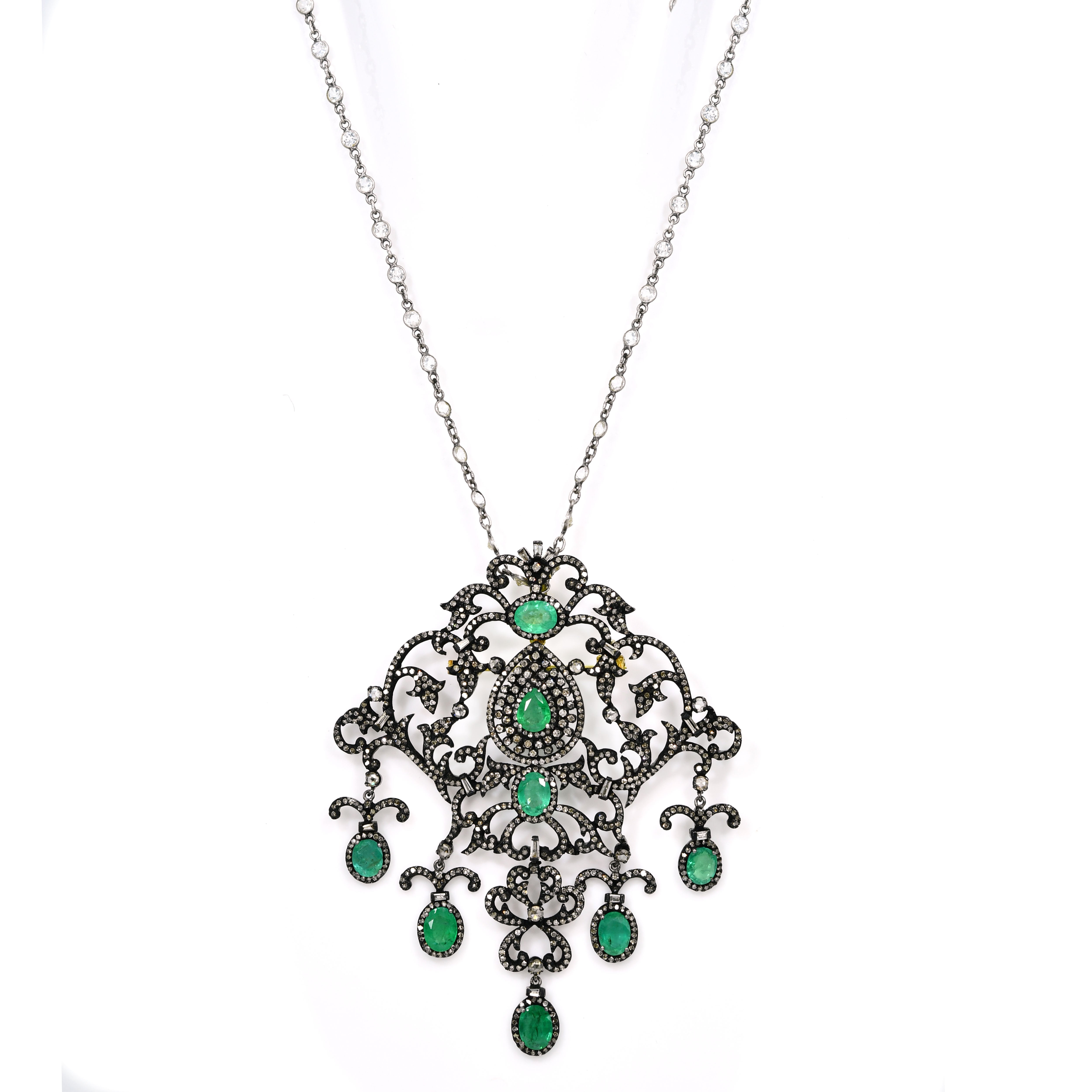 Victorian Emerald Pendant-Brooch with Diamonds - Yellow Gold & Silver (Pear)