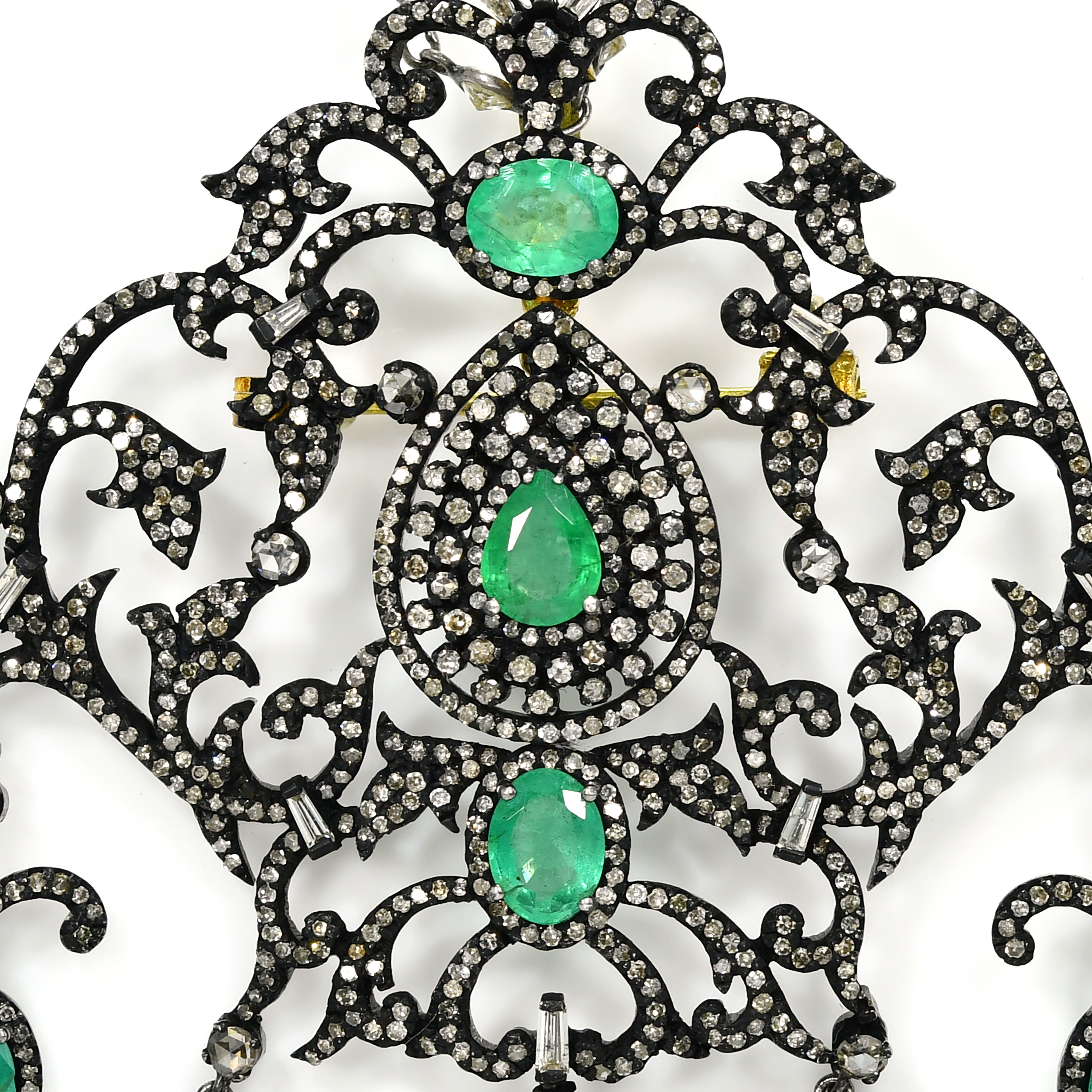 Victorian Emerald Pendant-Brooch with Diamonds - Yellow Gold & Silver (Pear)