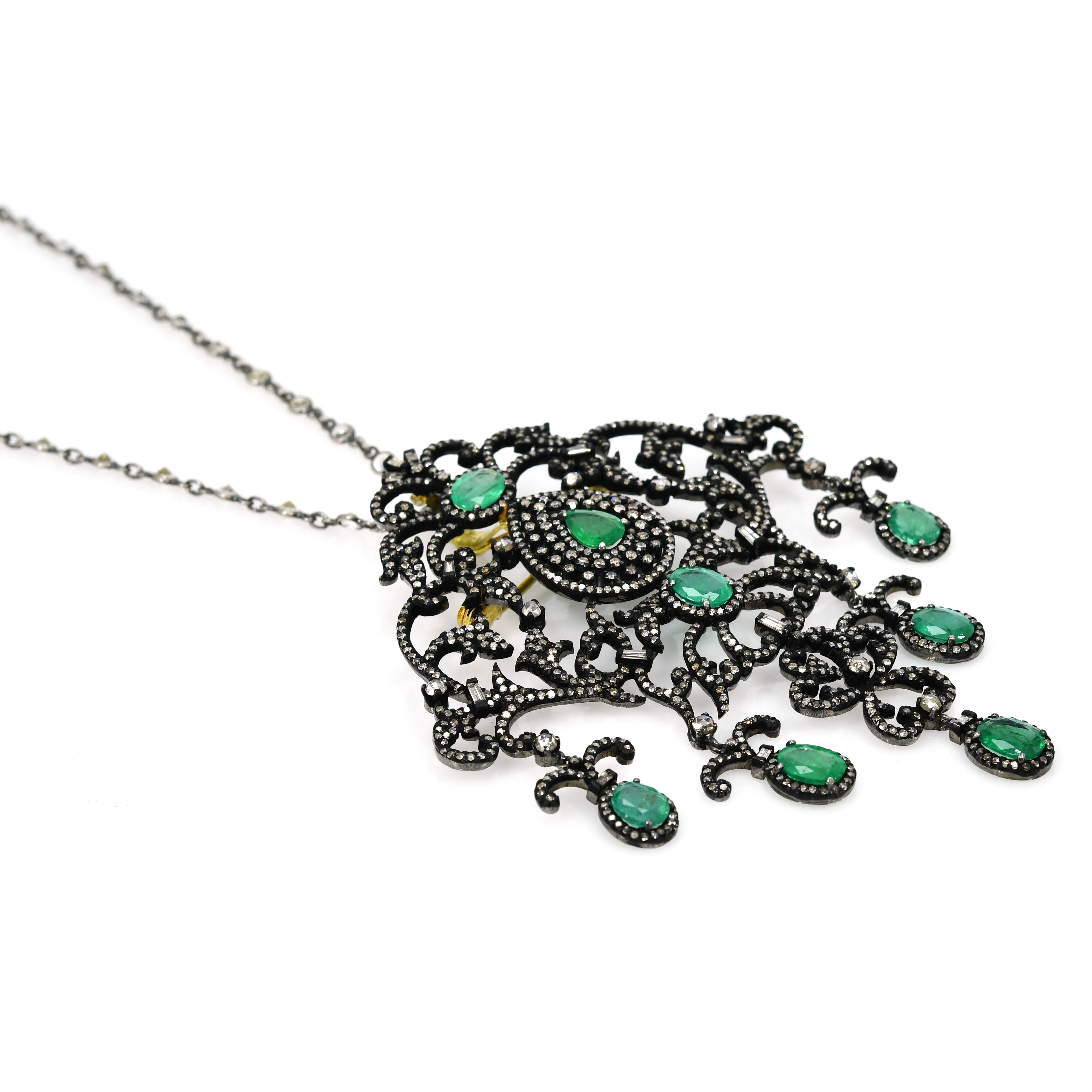 Victorian Emerald Pendant-Brooch with Diamonds - Yellow Gold & Silver (Pear)