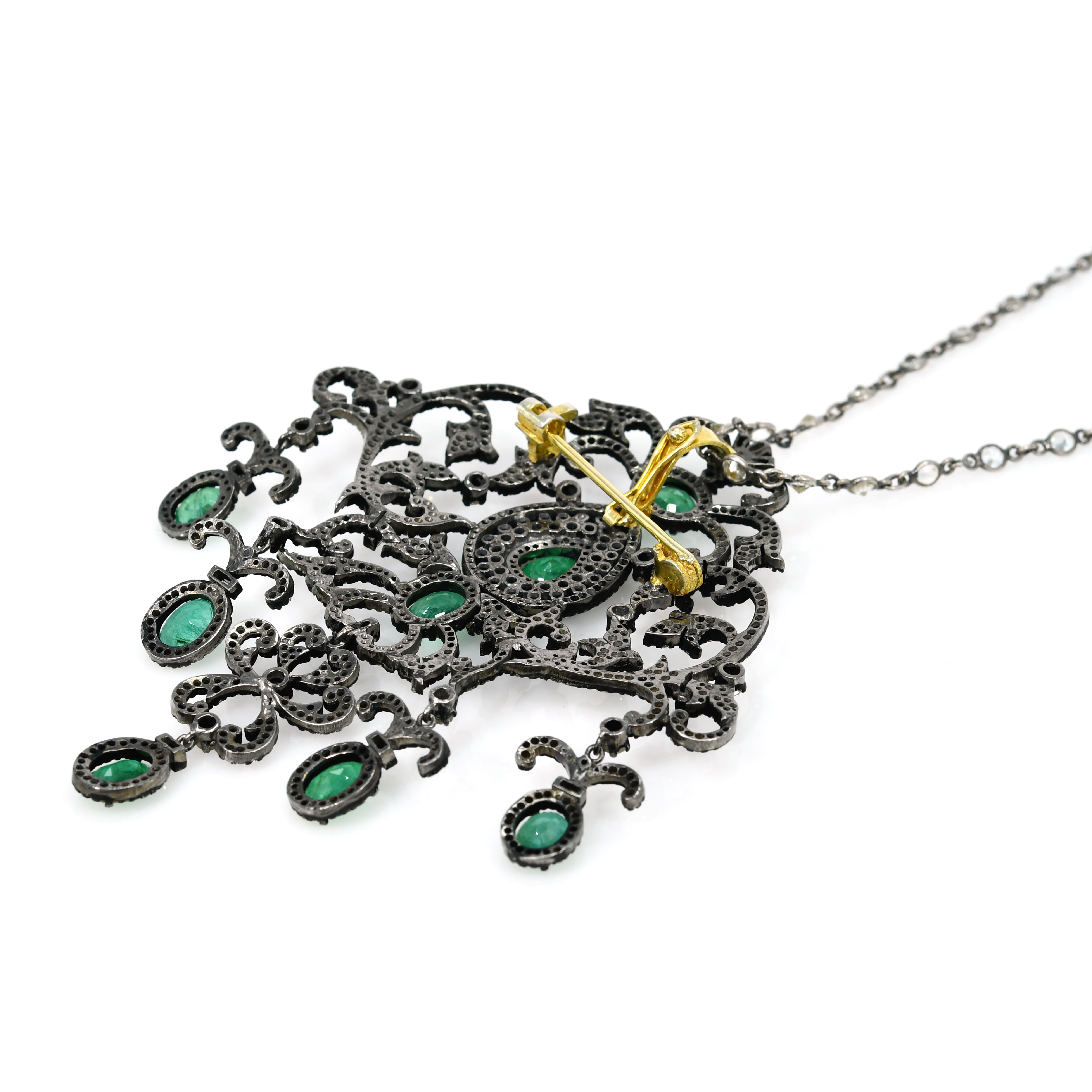 Victorian Emerald Pendant-Brooch with Diamonds - Yellow Gold & Silver (Pear)