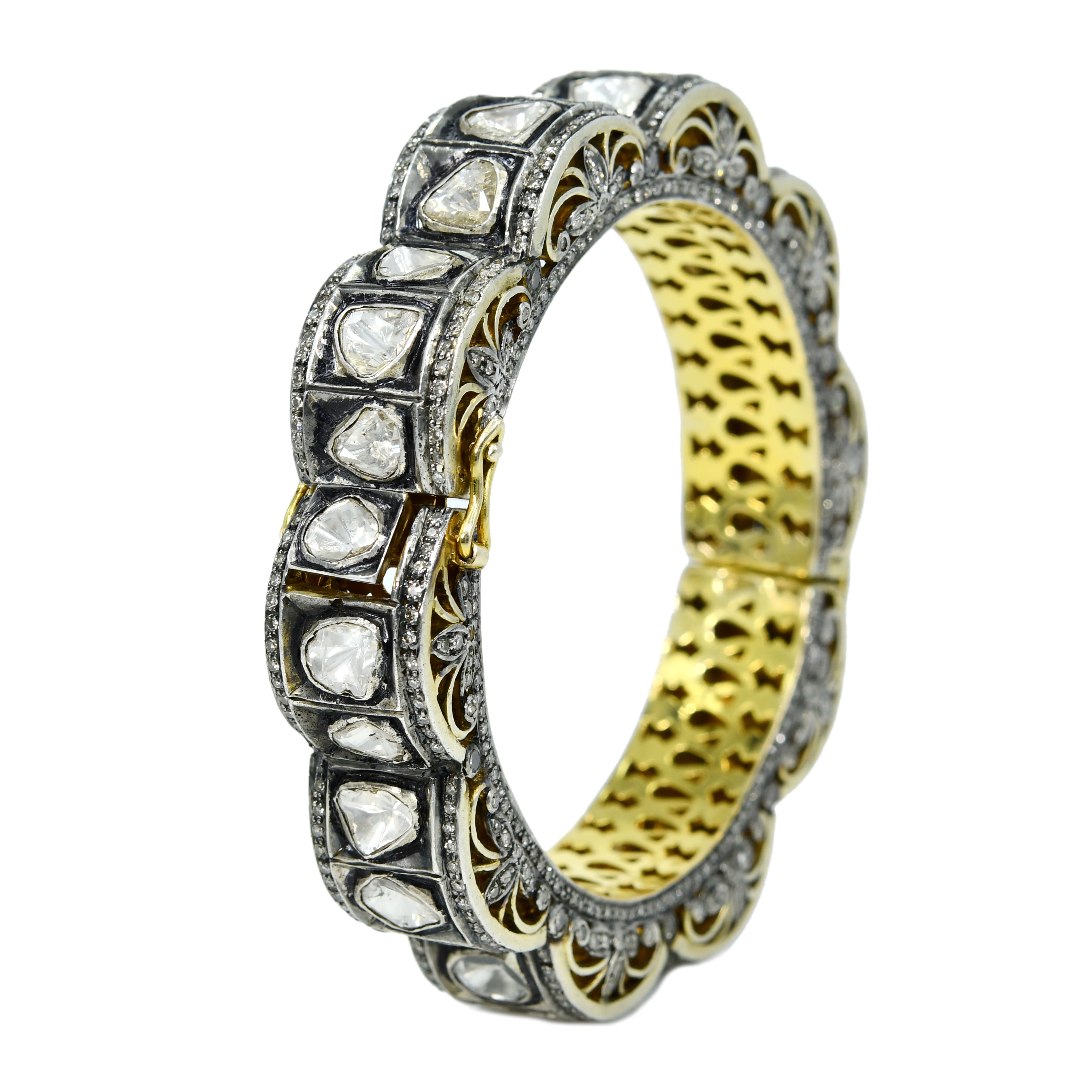 Sterling Silver & Gold Rose-Cut Diamond Bangle - Handmade Victorian Pave