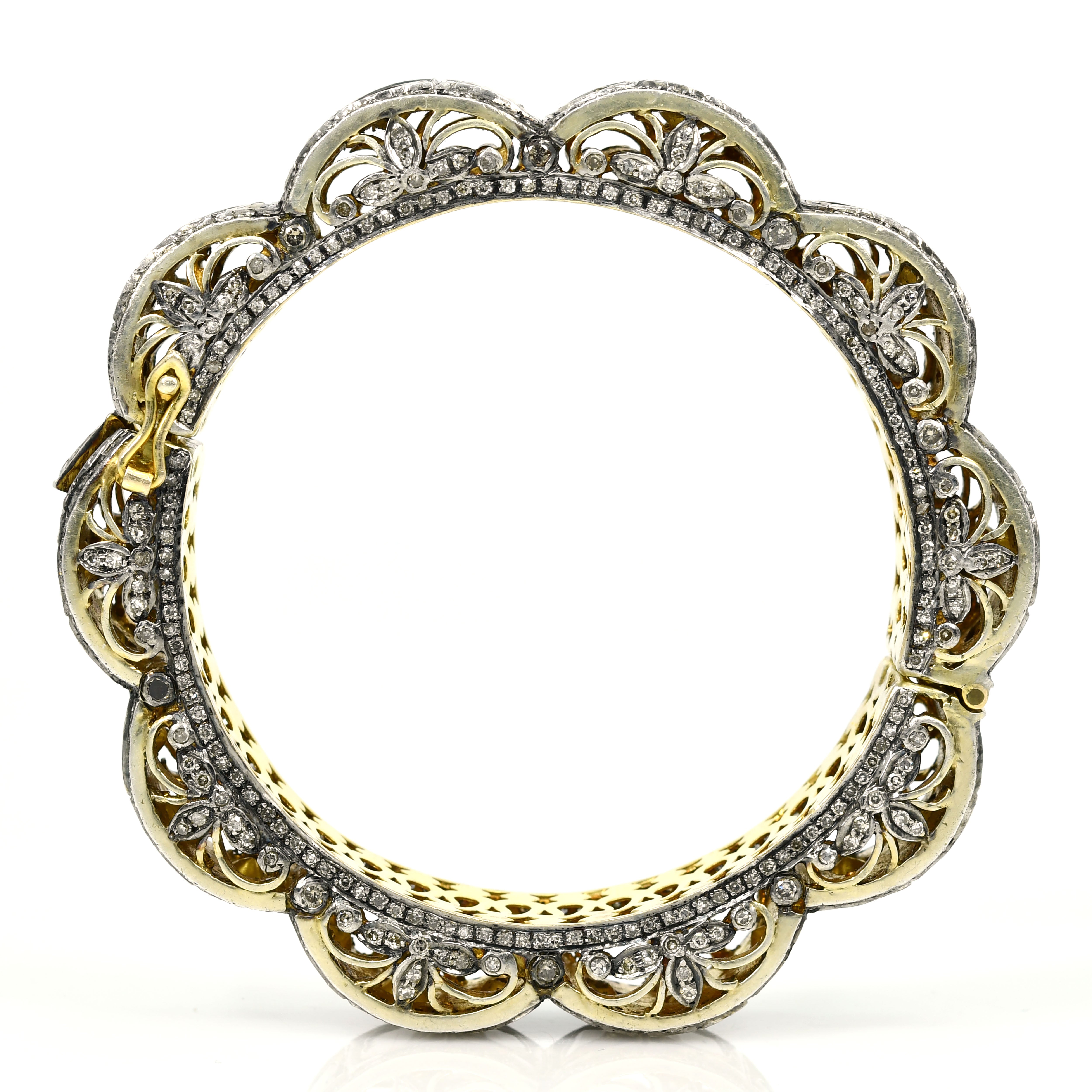 Sterling Silver & Gold Rose-Cut Diamond Bangle - Handmade Victorian Pave