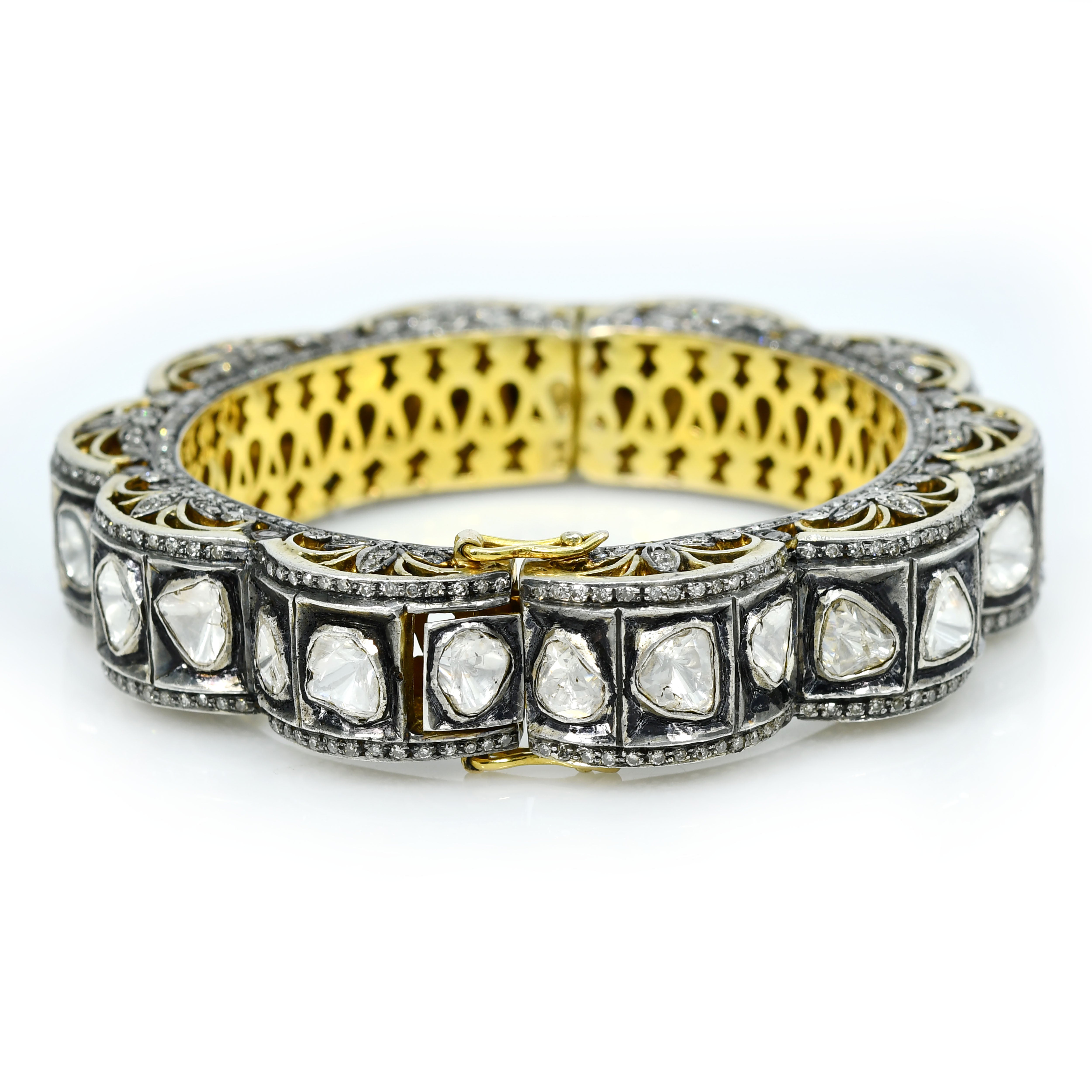 Sterling Silver & Gold Rose-Cut Diamond Bangle - Handmade Victorian Pave
