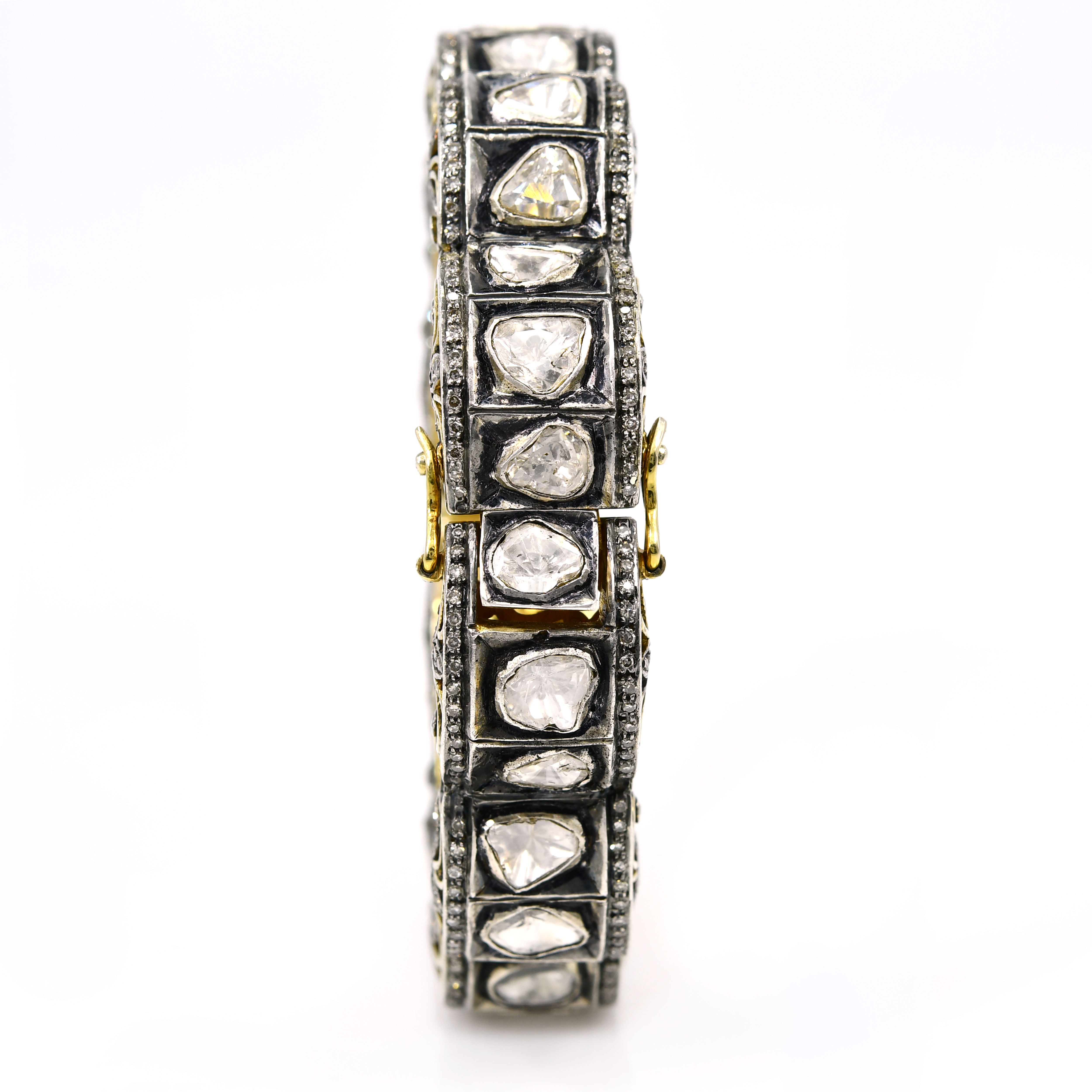 Sterling Silver & Gold Rose-Cut Diamond Bangle - Handmade Victorian Pave
