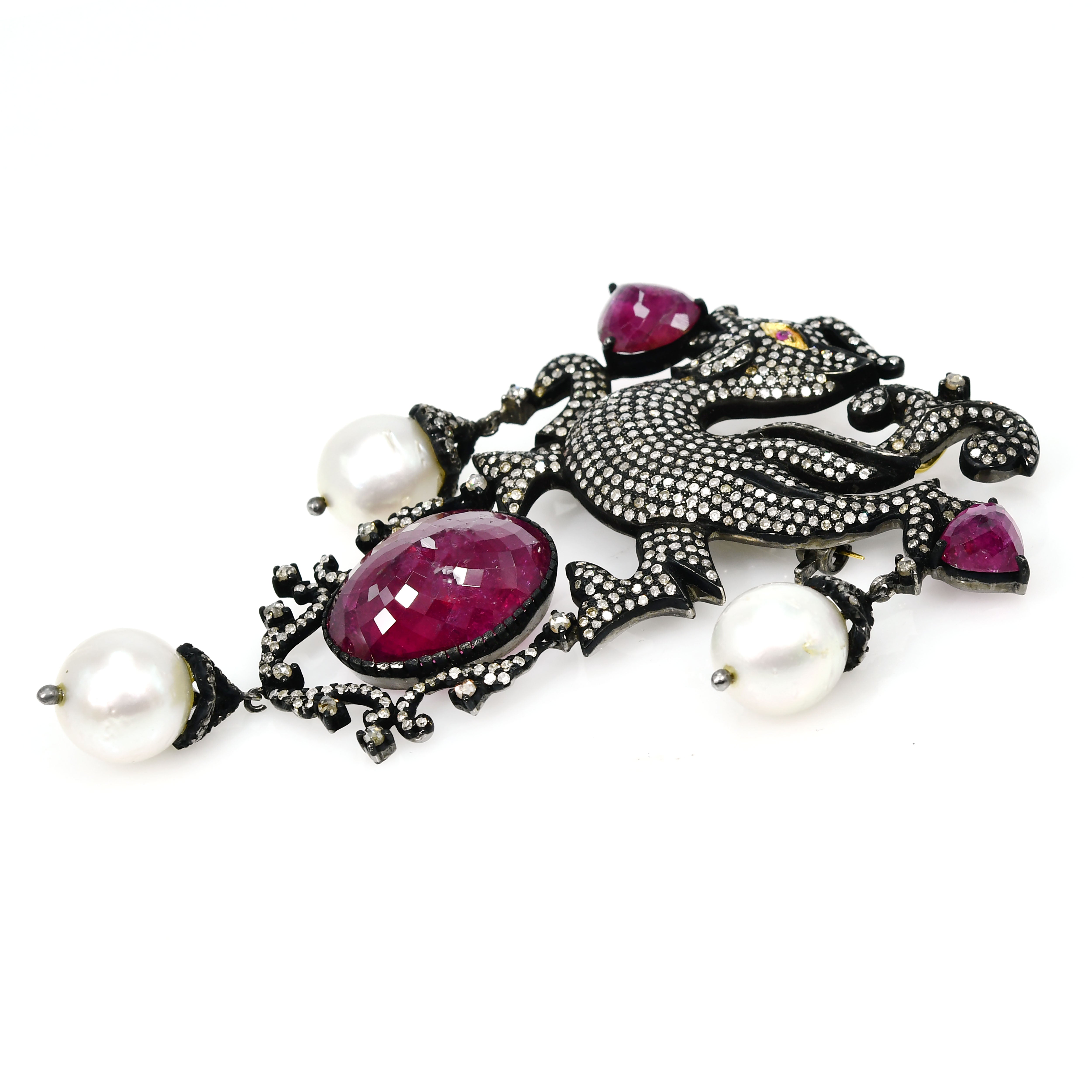 Yellow Gold & Silver Victorian Rubellite Tourmaline & Pearl Pendant-Brooch with Diamonds