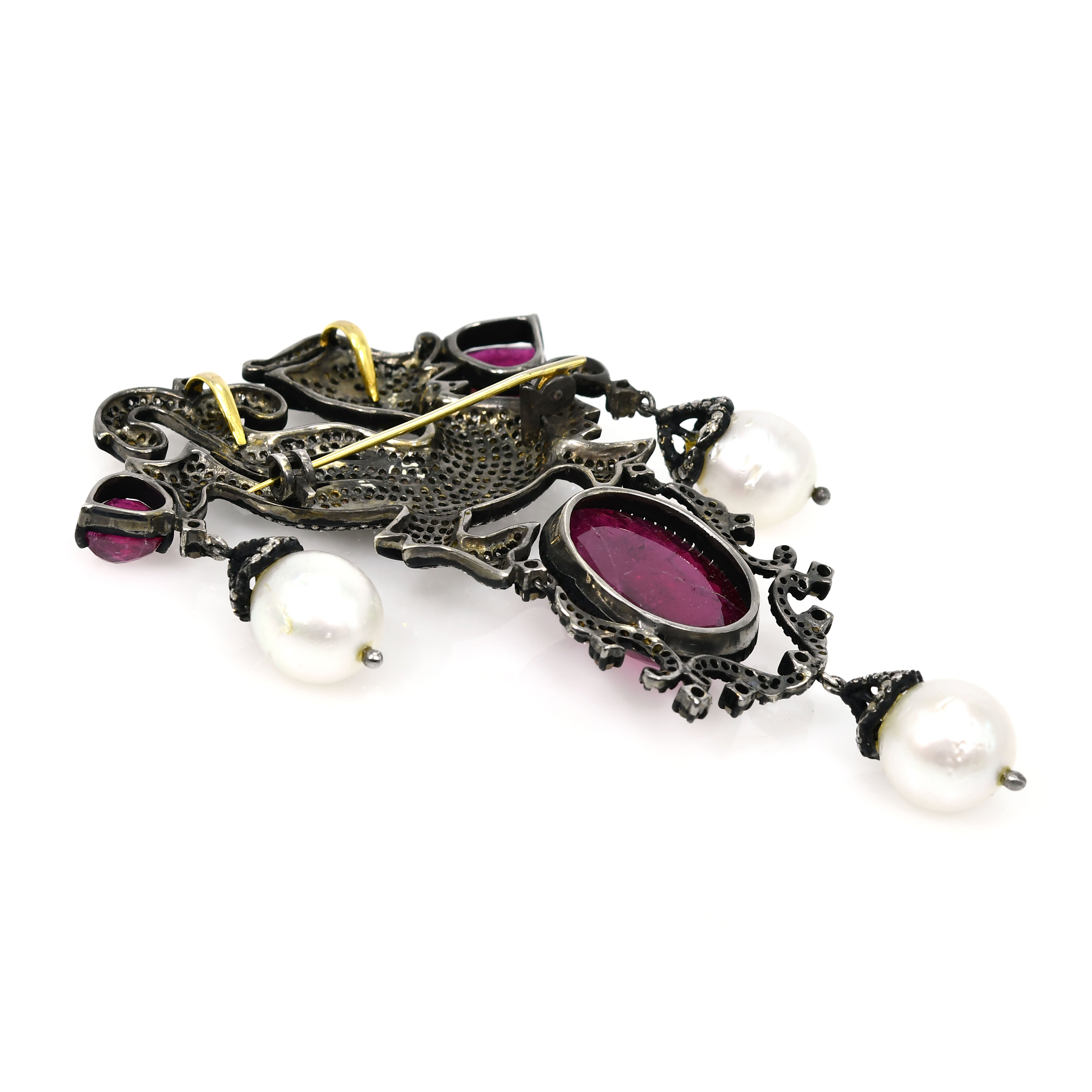 Yellow Gold & Silver Victorian Rubellite Tourmaline & Pearl Pendant-Brooch with Diamonds