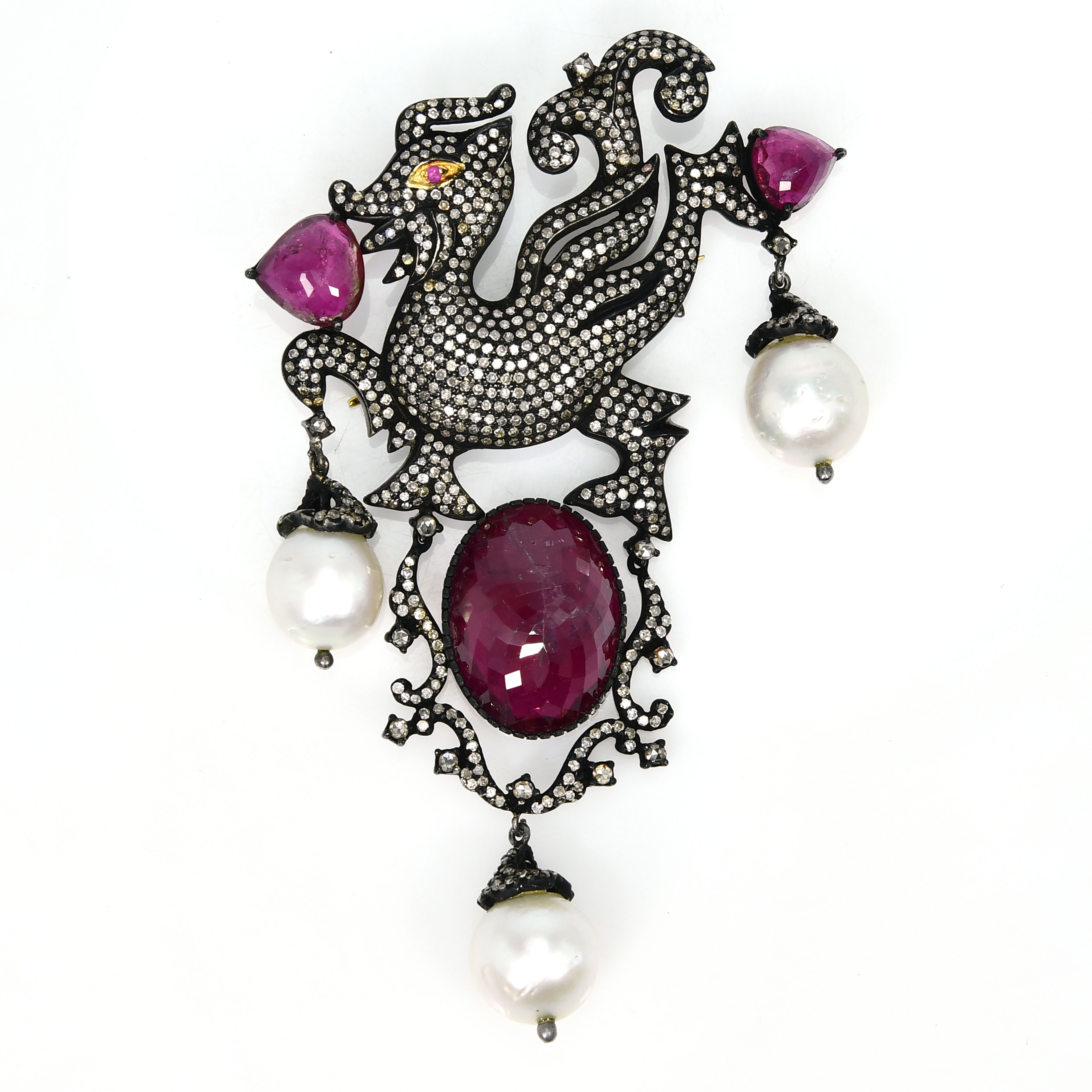 Yellow Gold & Silver Victorian Rubellite Tourmaline & Pearl Pendant-Brooch with Diamonds