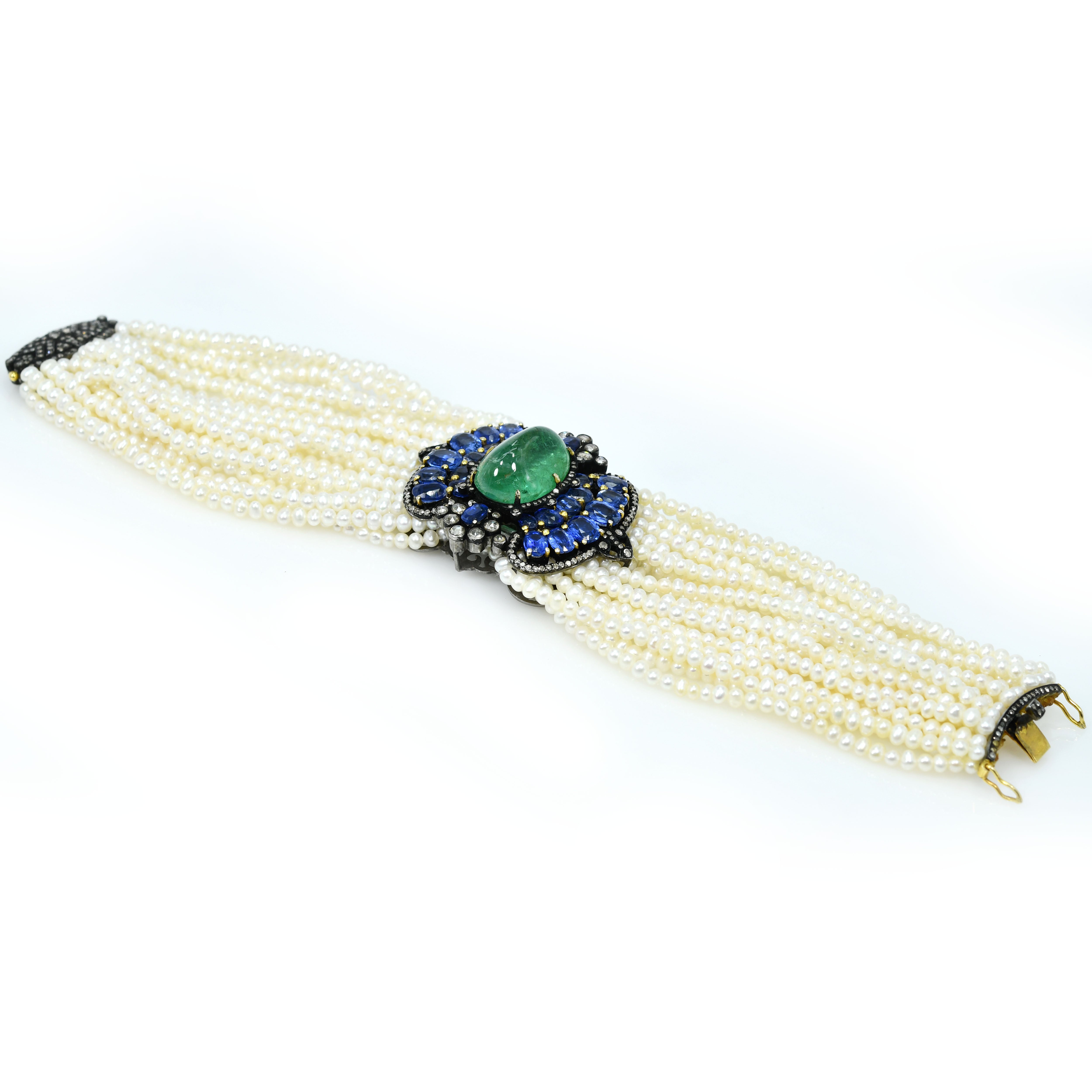 14k Yellow Gold Mixed-Stone Bracelet with Freshwater Pearls, Sapphire & Emerald