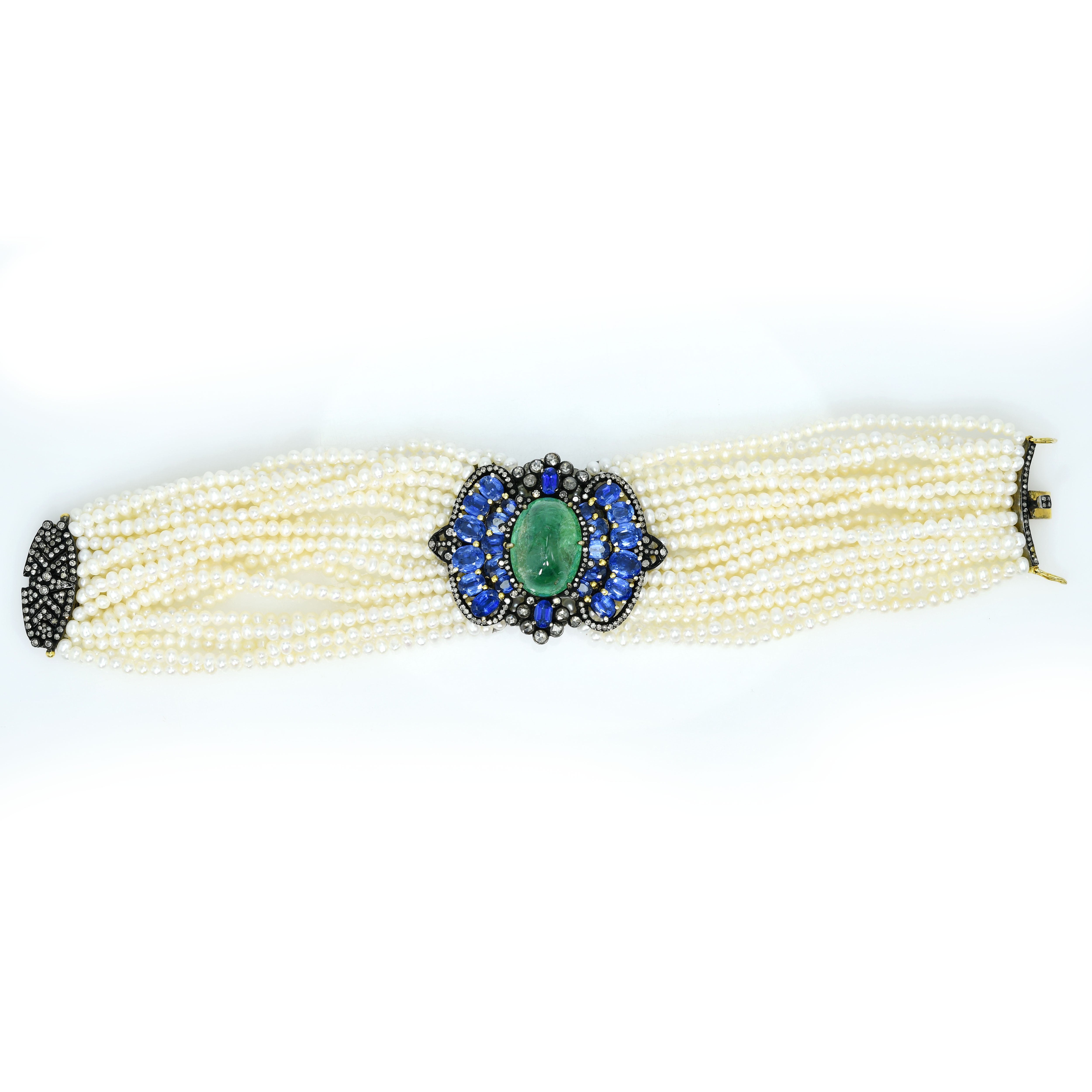 14k Yellow Gold Mixed-Stone Bracelet with Freshwater Pearls, Sapphire & Emerald