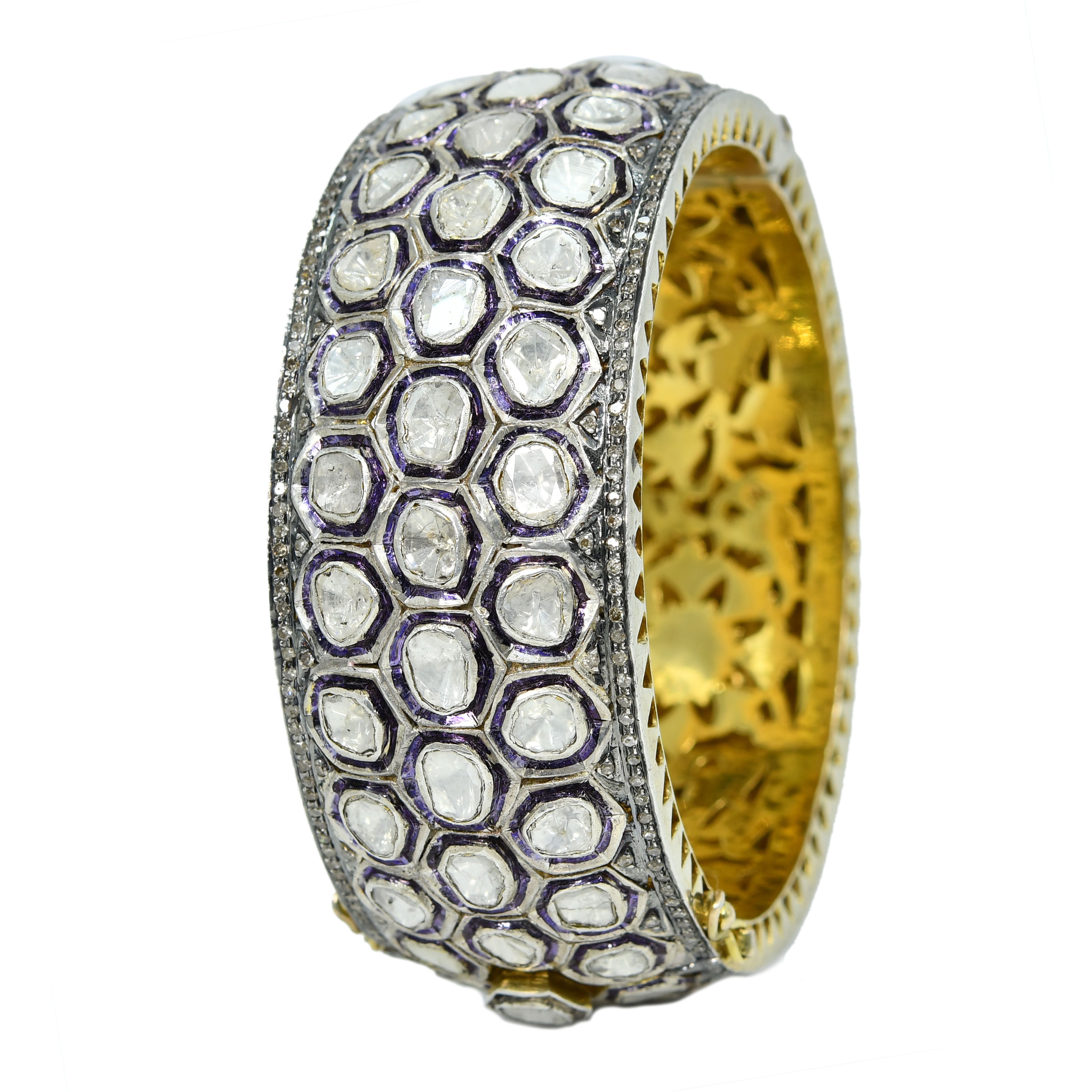 Honeycomb Handcrafted Silver & Gold Bangle with Rose-Cut Diamonds