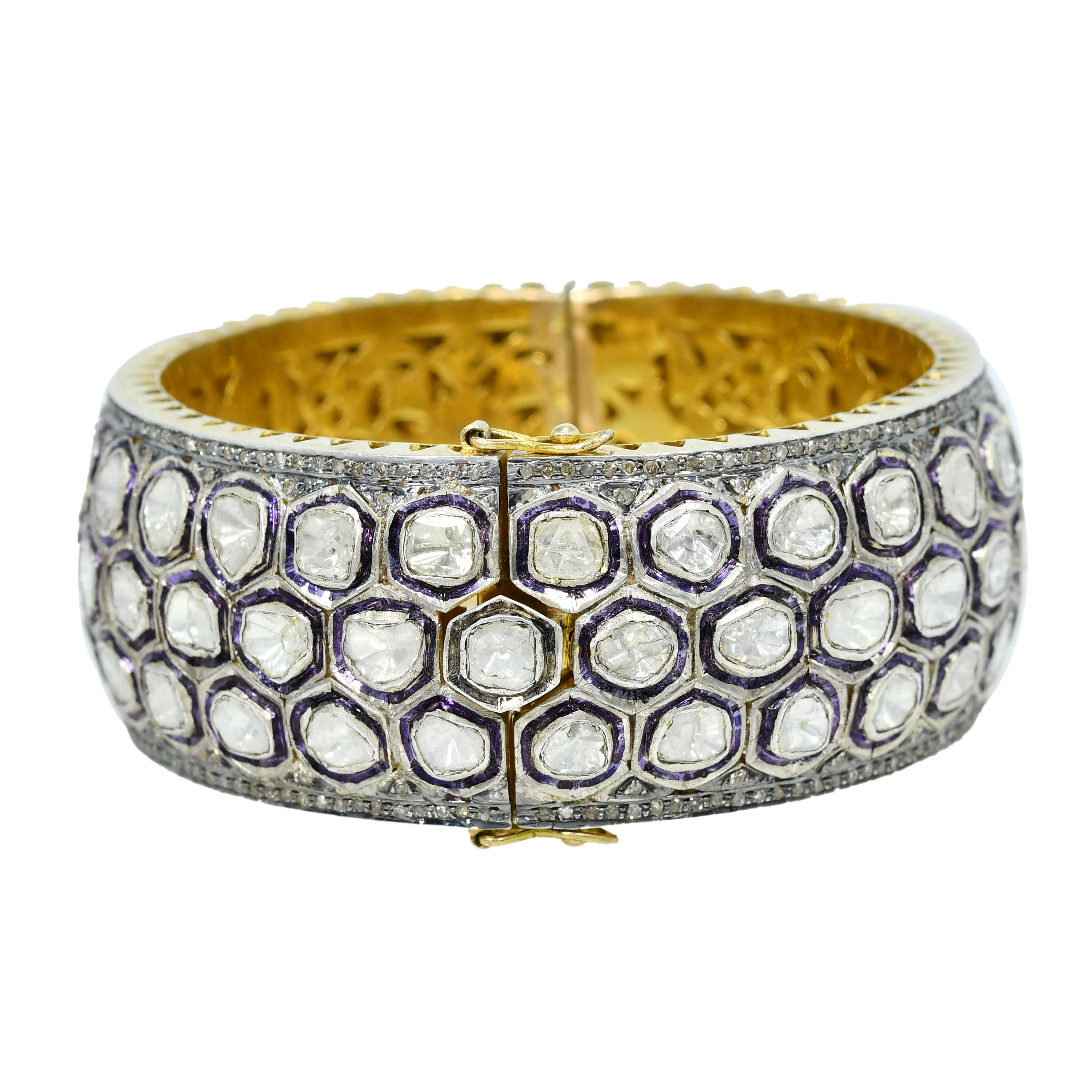Honeycomb Handcrafted Silver & Gold Bangle with Rose-Cut Diamonds