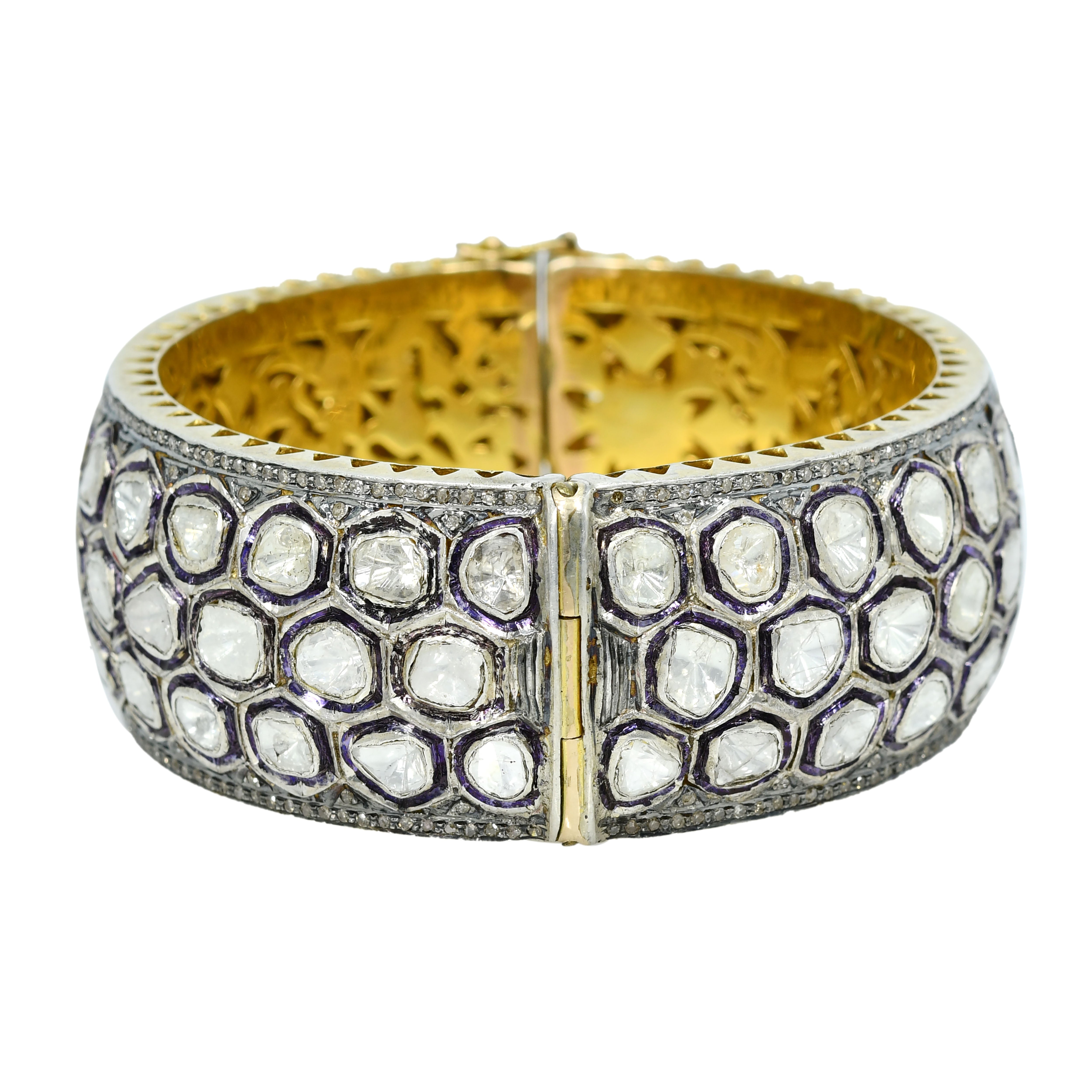 Honeycomb Handcrafted Silver & Gold Bangle with Rose-Cut Diamonds