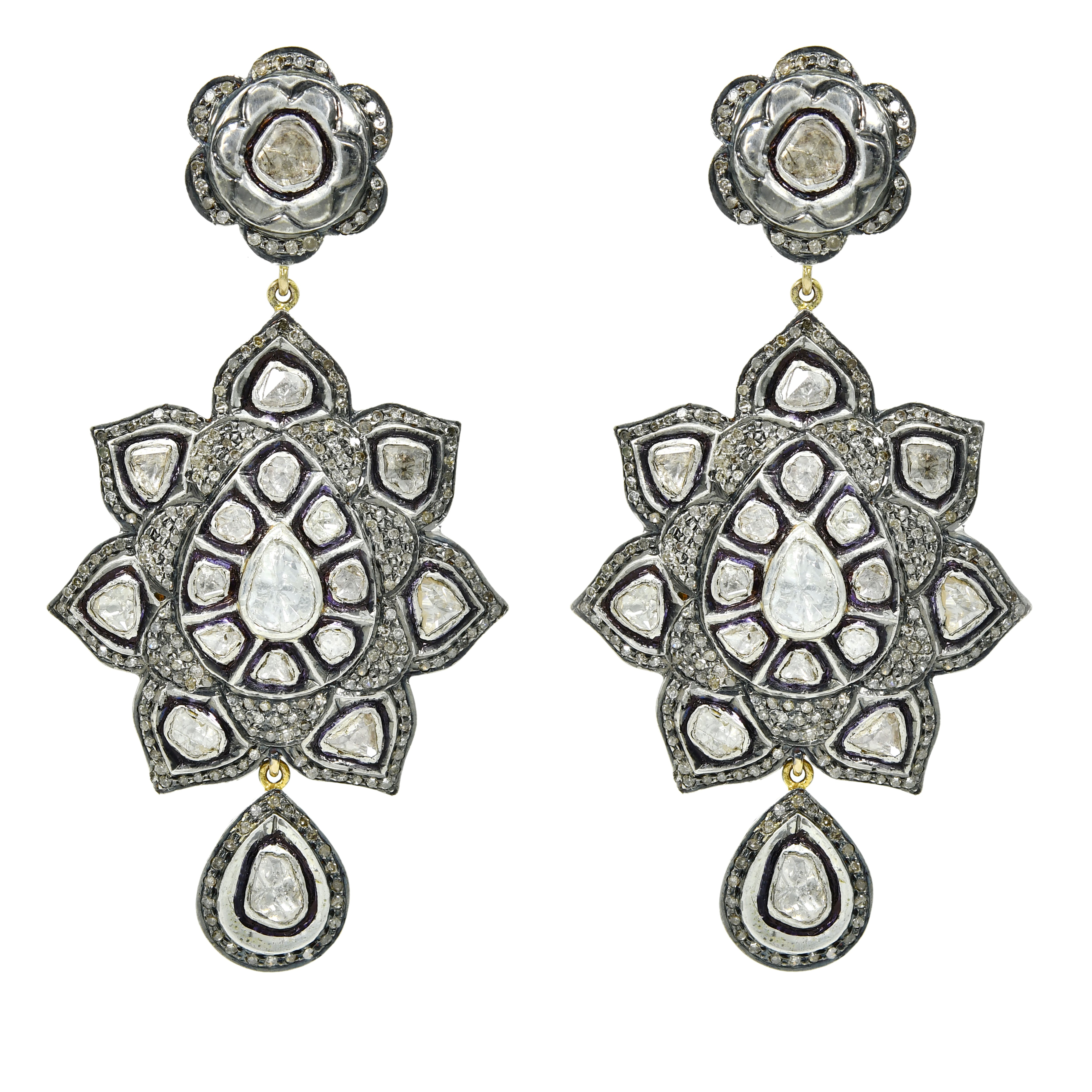 14k Yellow Gold Diamond Floral & Starburst Dangle Earrings