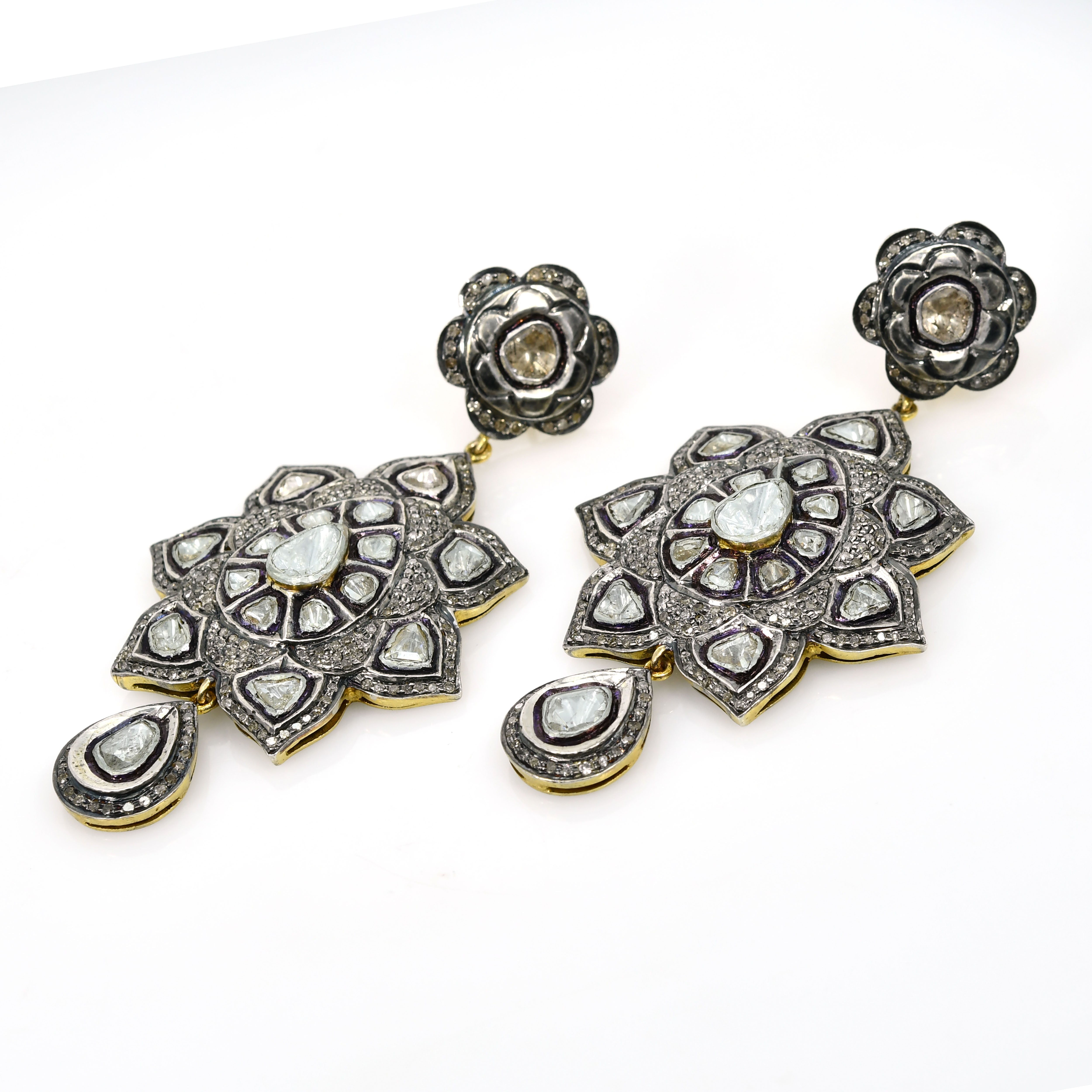 14k Yellow Gold Diamond Floral & Starburst Dangle Earrings