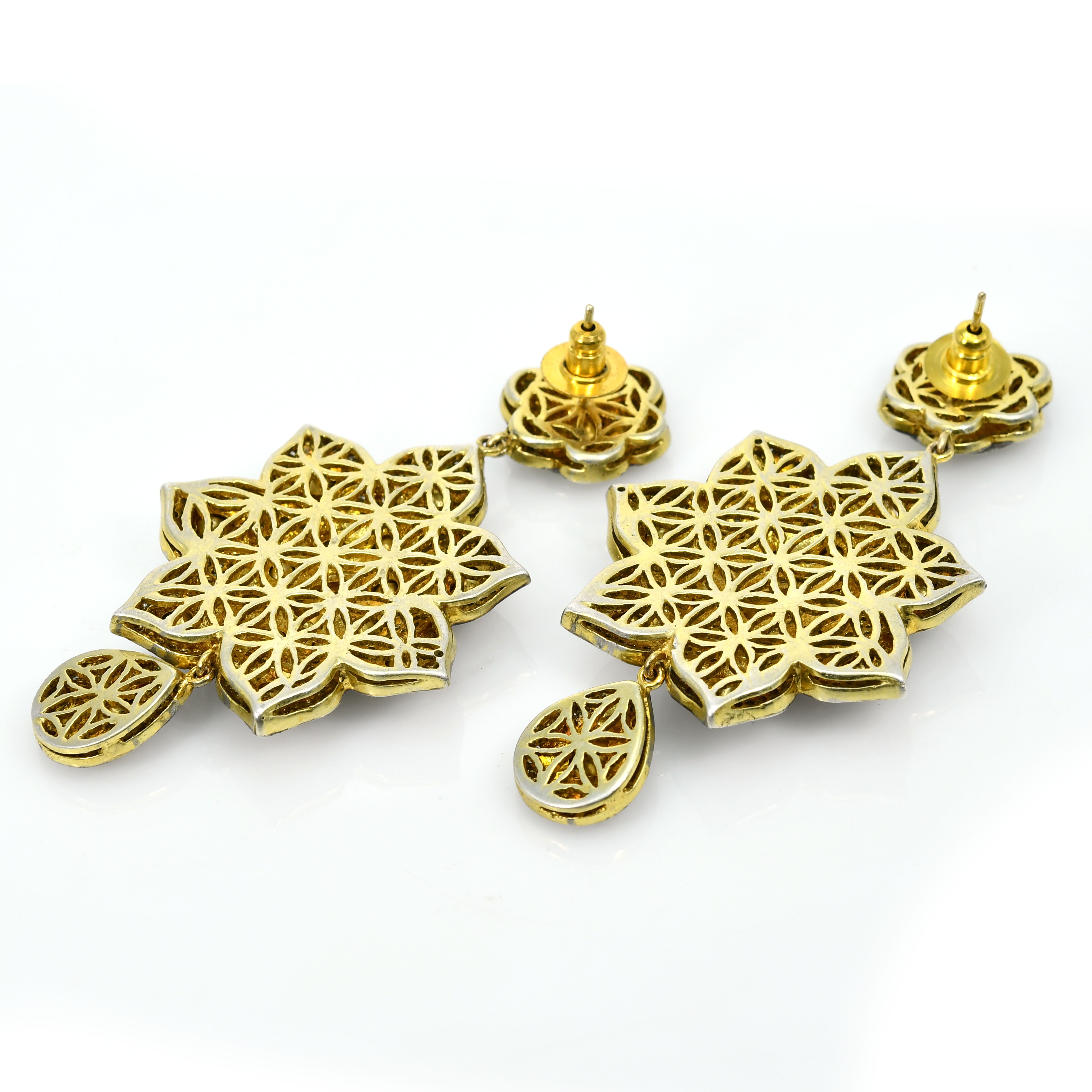 14k Yellow Gold Diamond Floral & Starburst Dangle Earrings