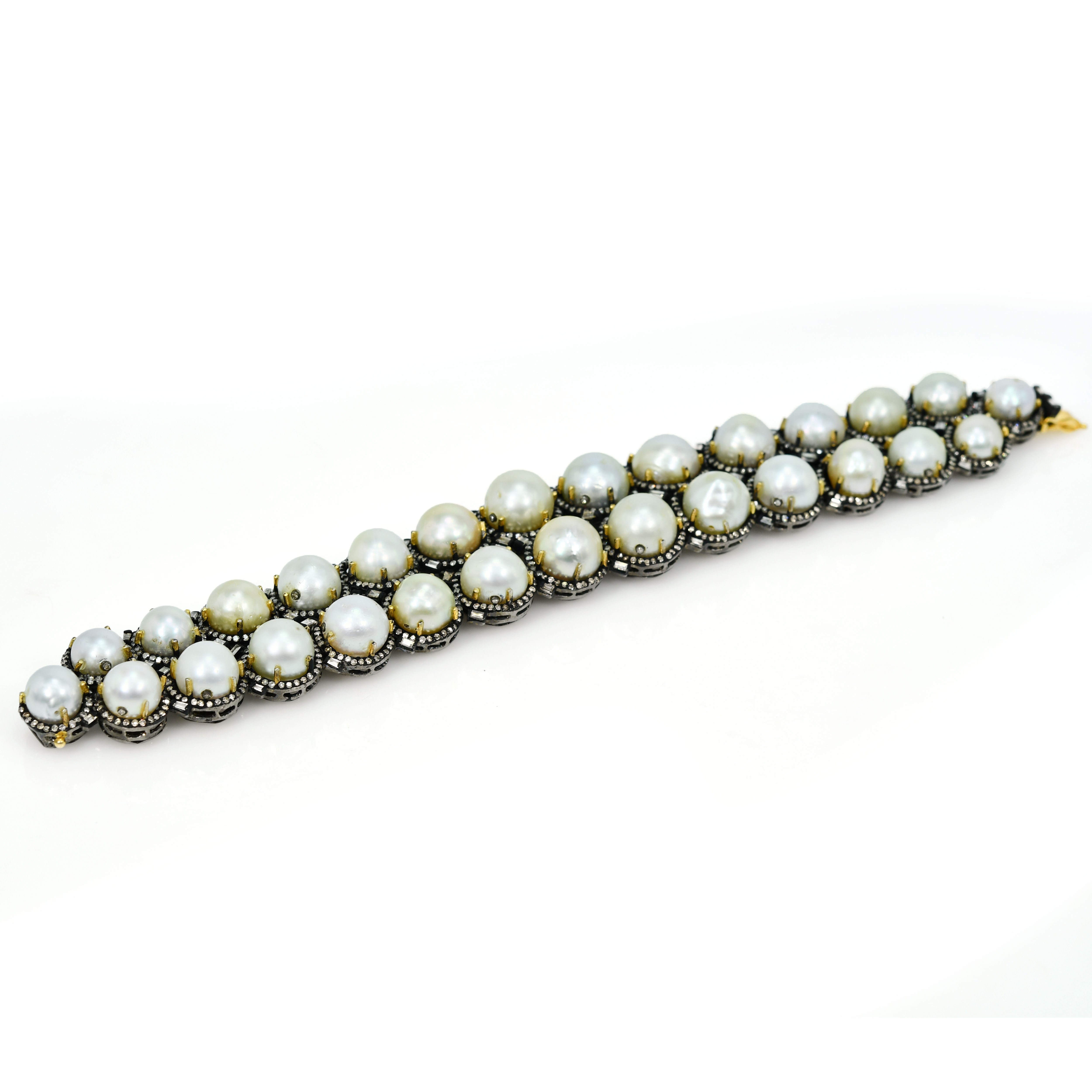 14k Yellow Gold Pearl & Diamond Victorian Natural Gemstone Bracelet