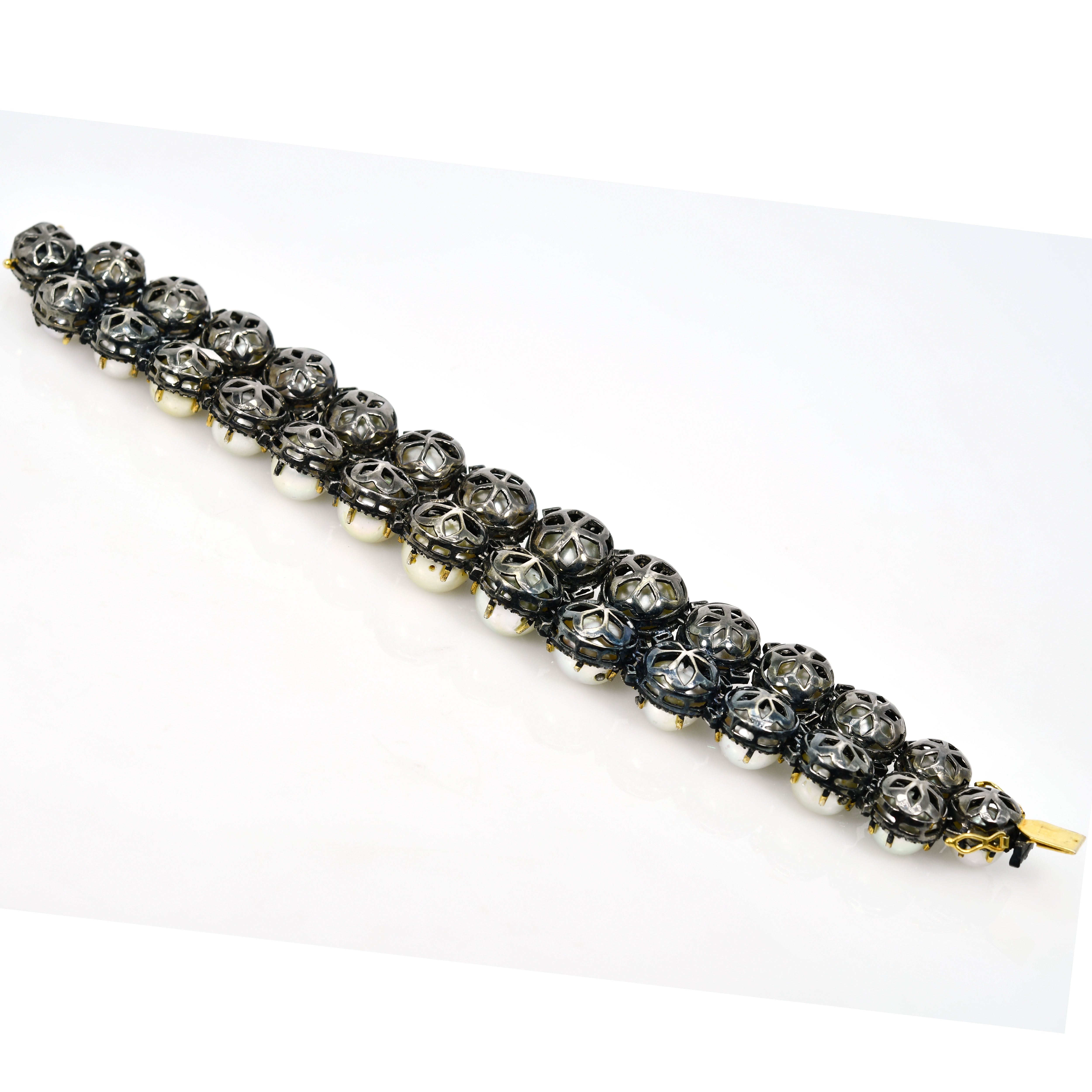 14k Yellow Gold Pearl & Diamond Victorian Natural Gemstone Bracelet