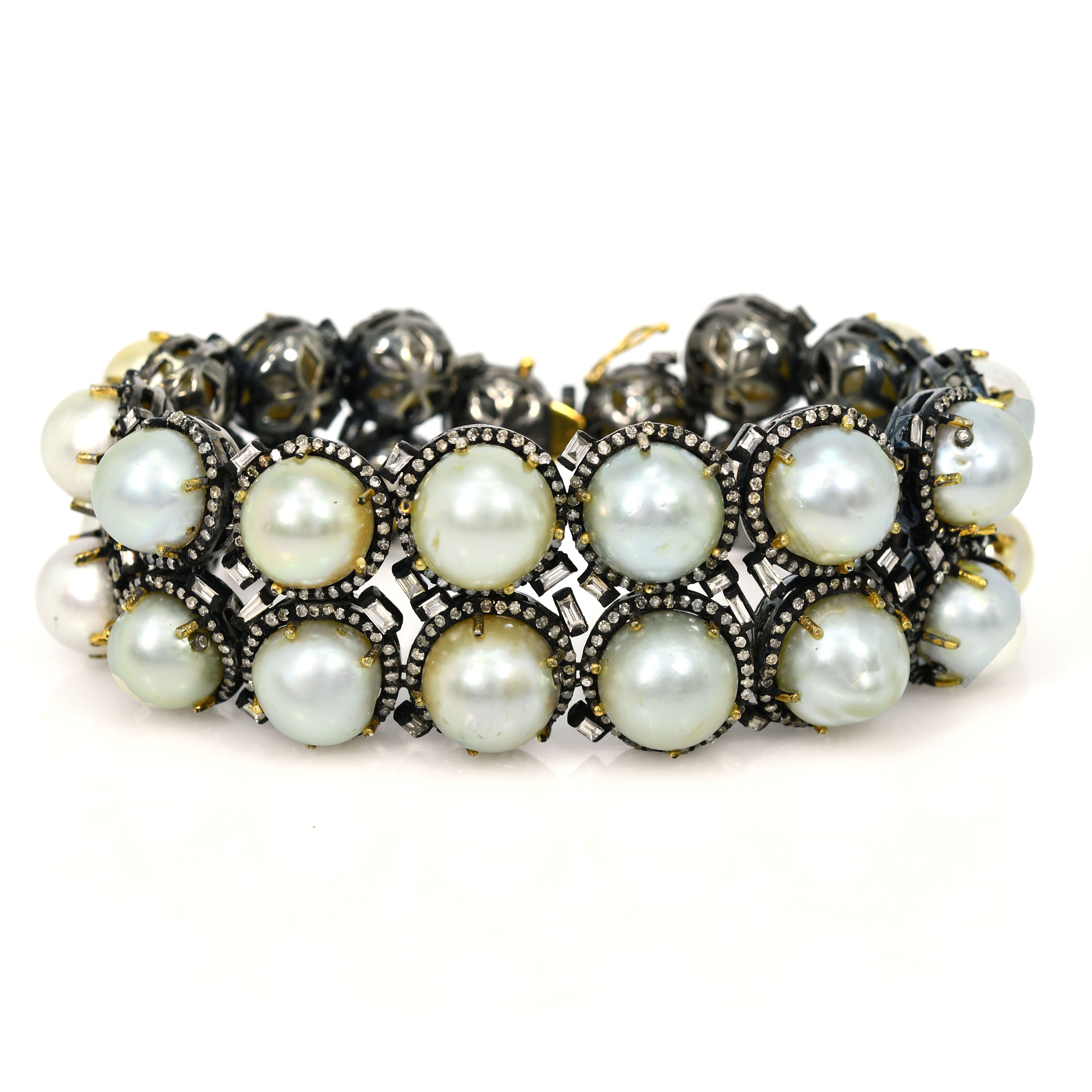 14k Yellow Gold Pearl & Diamond Victorian Natural Gemstone Bracelet