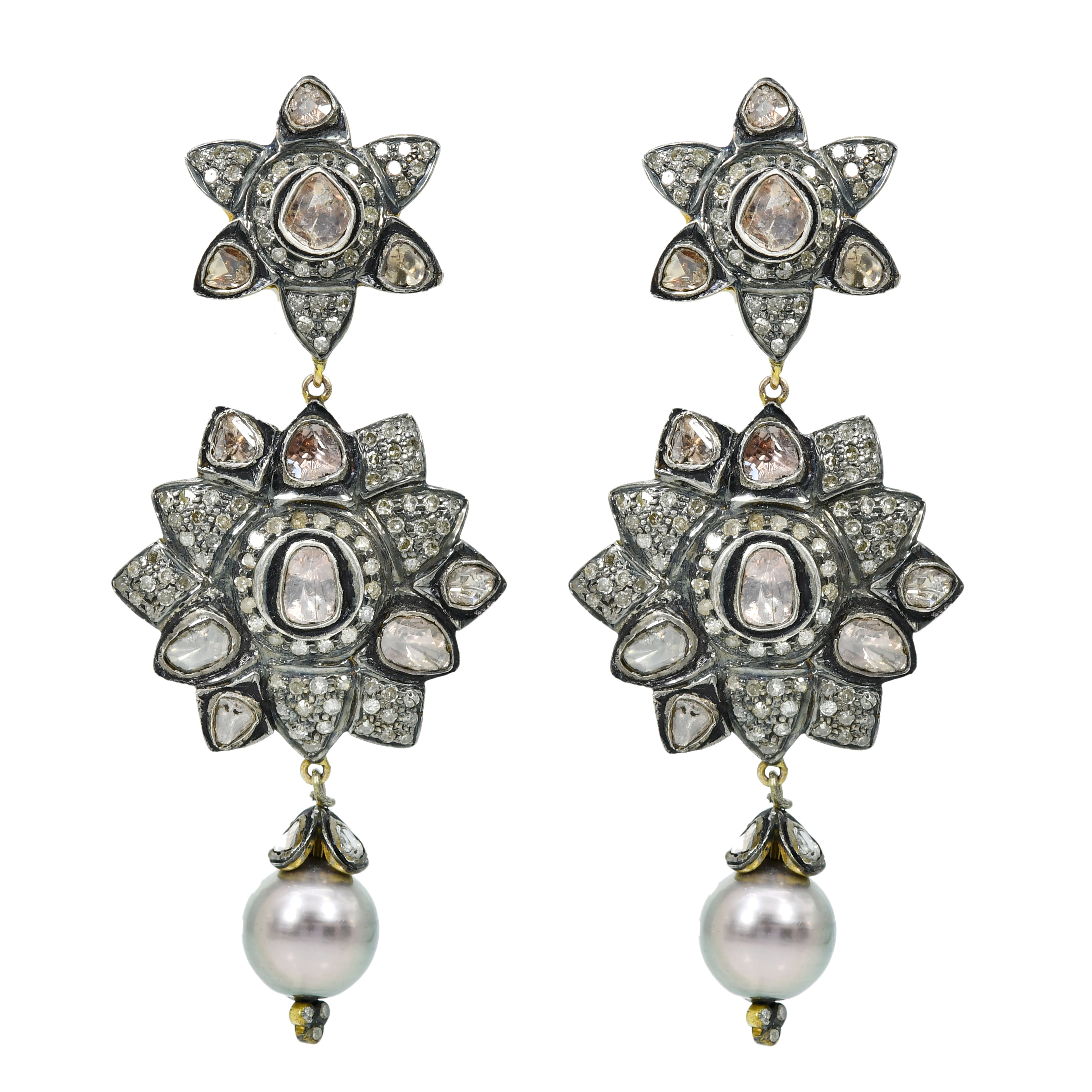 Gold & Silver Diamond Floral-Geometric Dangle Earrings