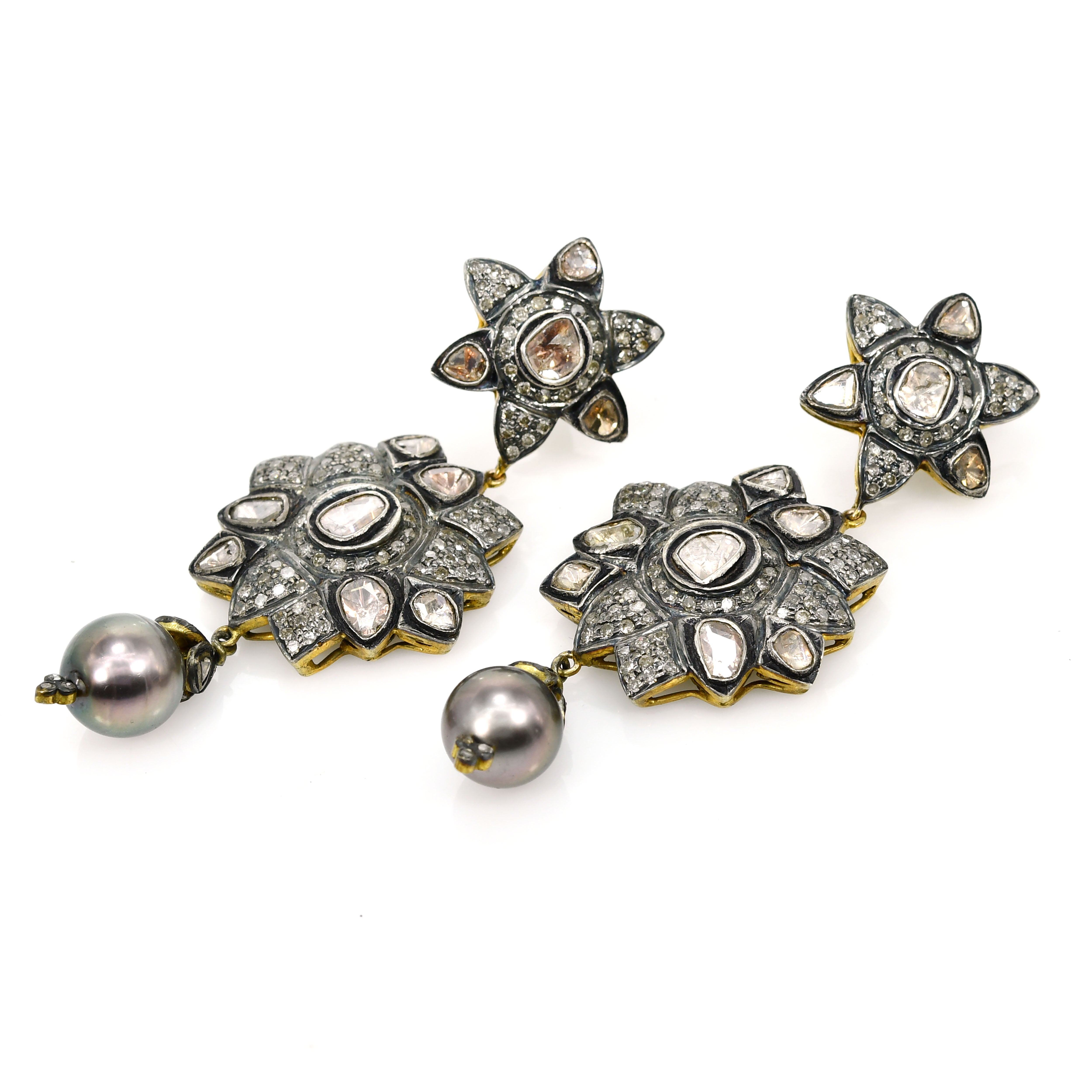 Gold & Silver Diamond Floral-Geometric Dangle Earrings