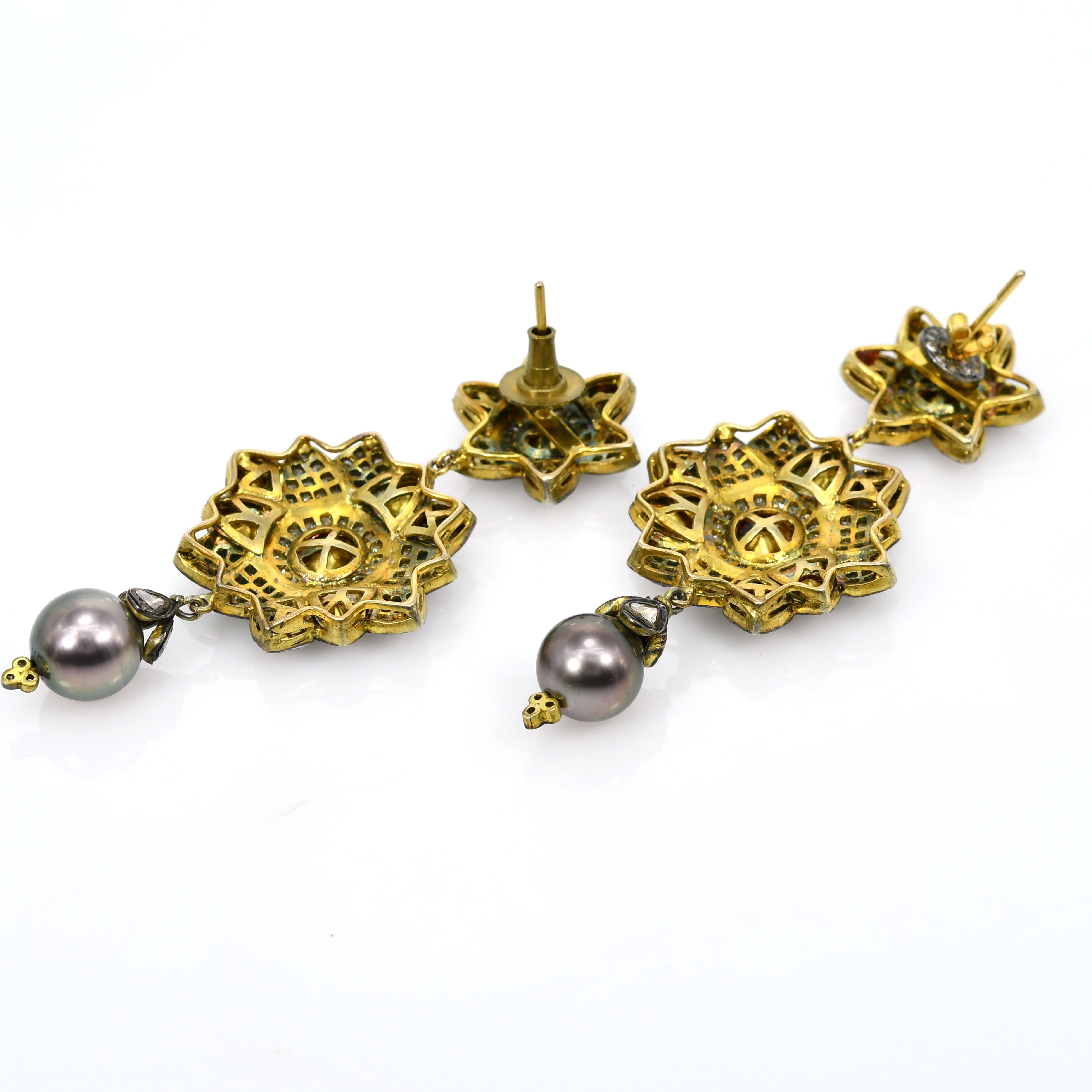 Gold & Silver Diamond Floral-Geometric Dangle Earrings