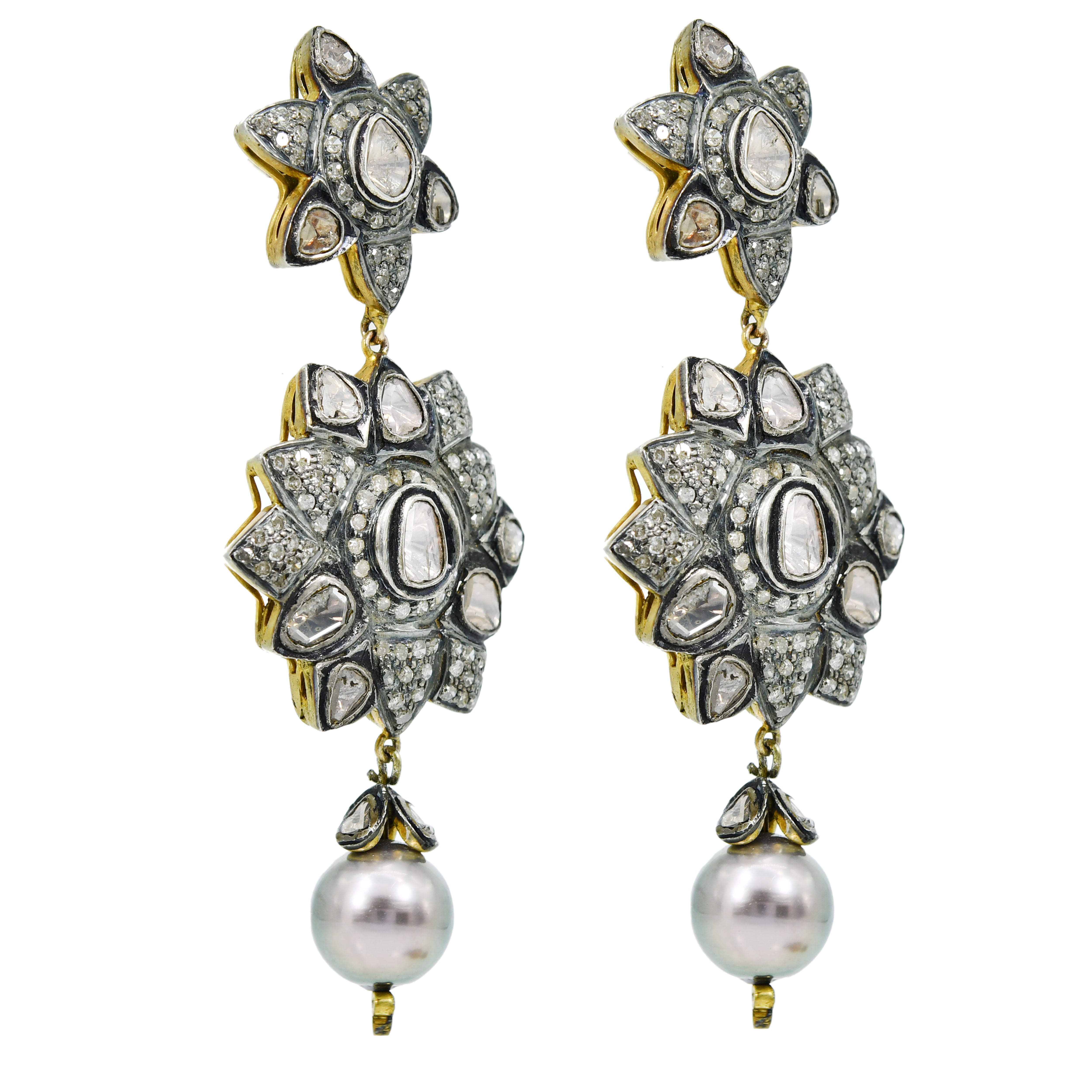 Gold & Silver Diamond Floral-Geometric Dangle Earrings