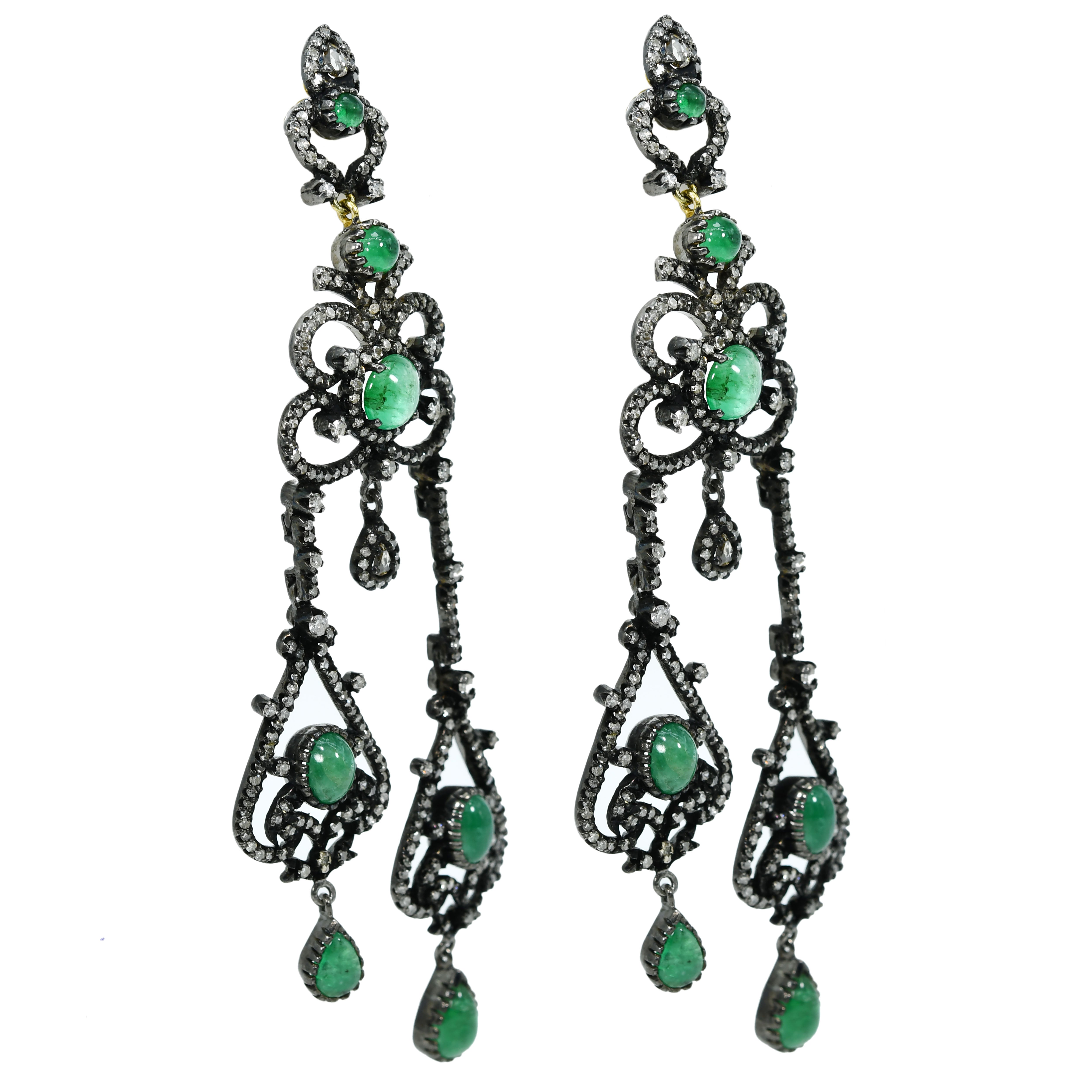 14k Yellow Gold Emerald & Diamond Victorian Earrings (Antique Style)