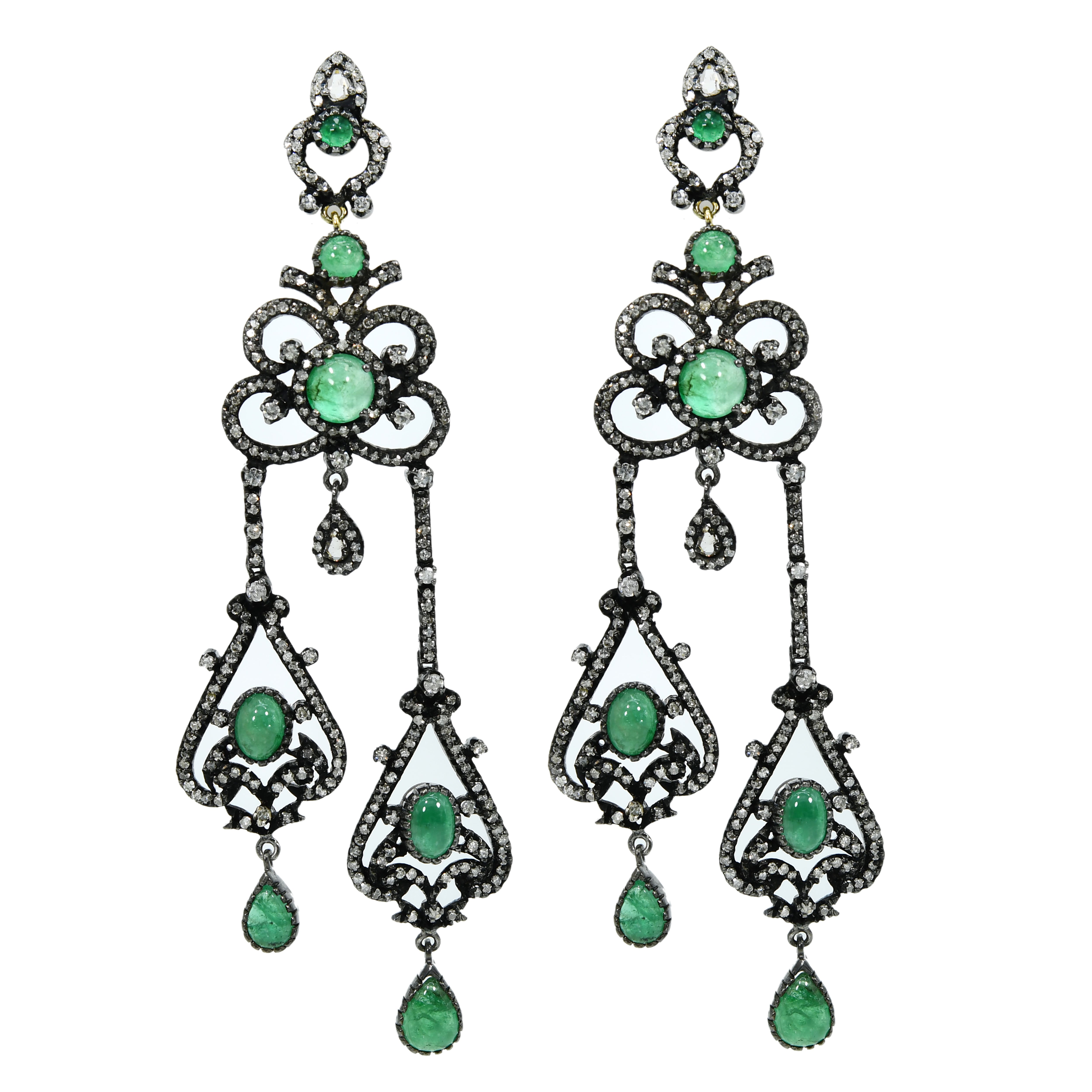 14k Yellow Gold Emerald & Diamond Victorian Earrings (Antique Style)