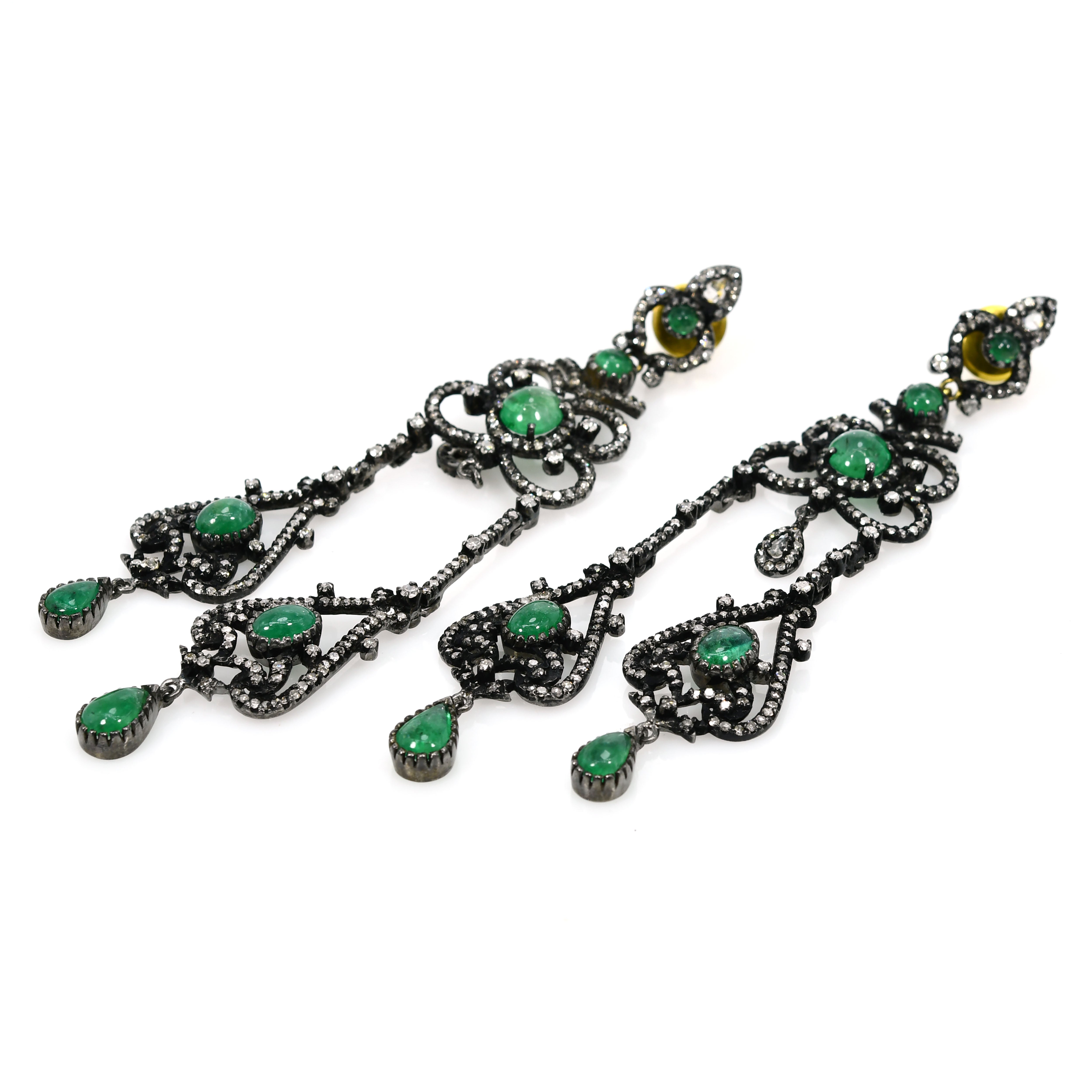14k Yellow Gold Emerald & Diamond Victorian Earrings (Antique Style)