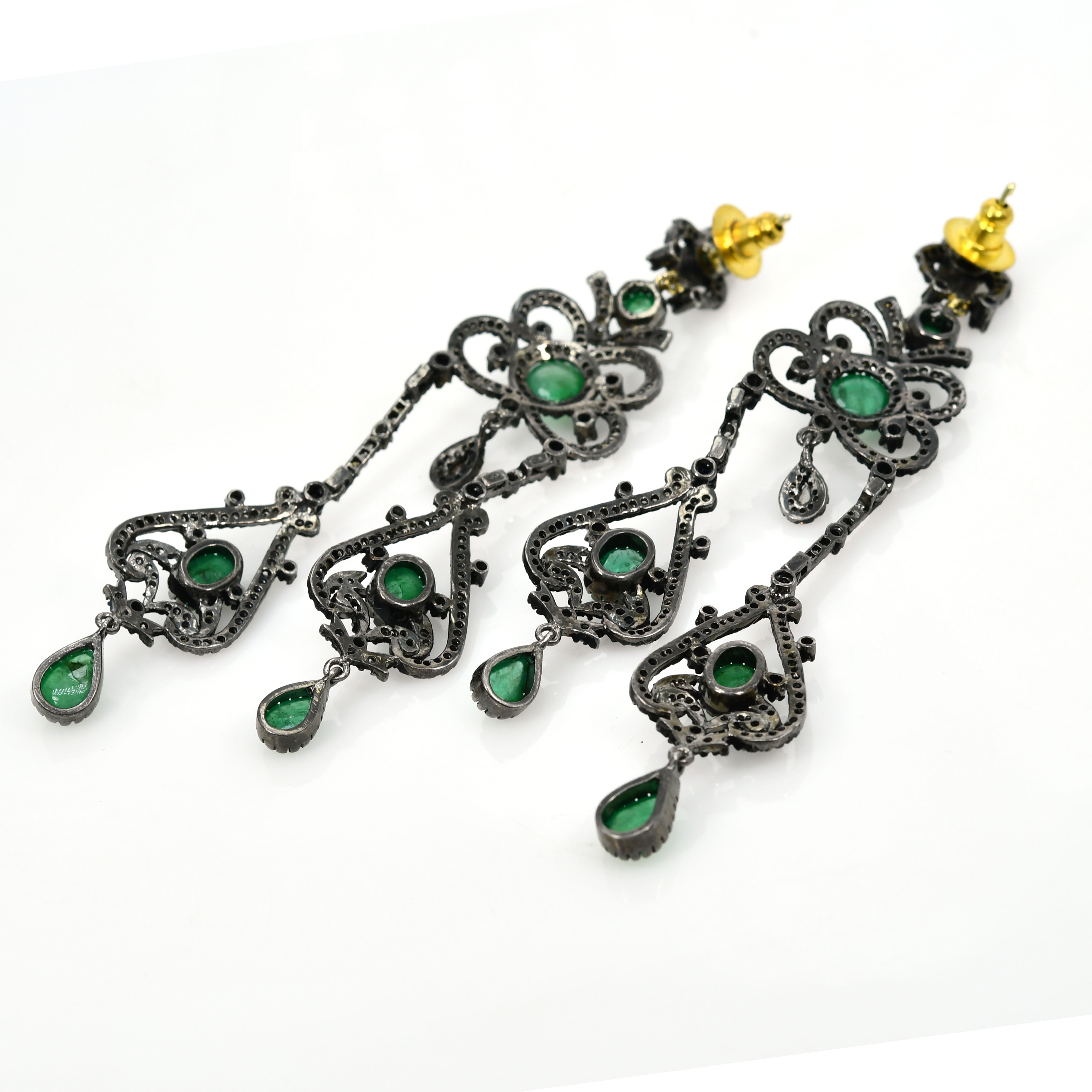 14k Yellow Gold Emerald & Diamond Victorian Earrings (Antique Style)