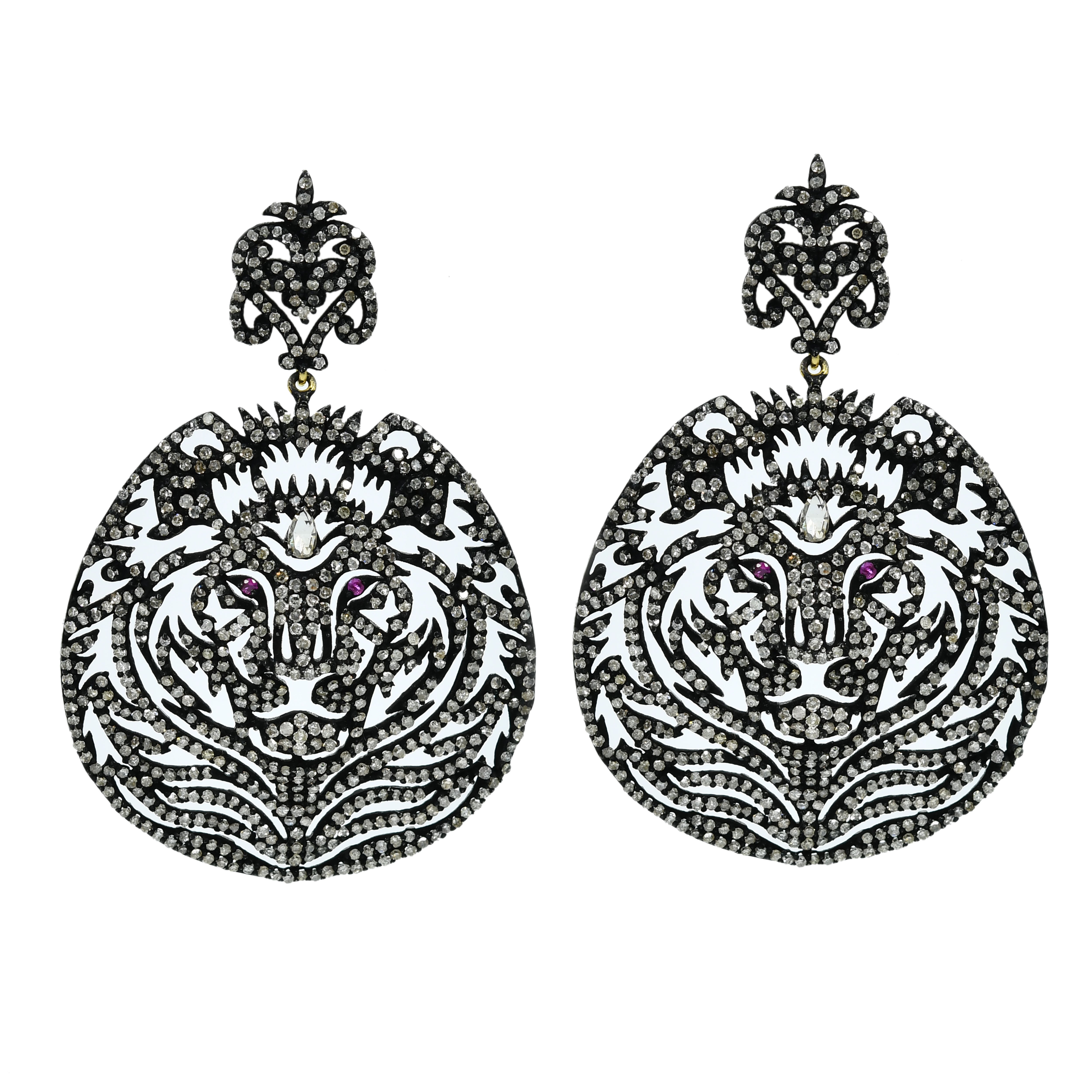 14k Yellow Gold Tiger-Face Diamond & Ruby Earrings - Animal Inspired