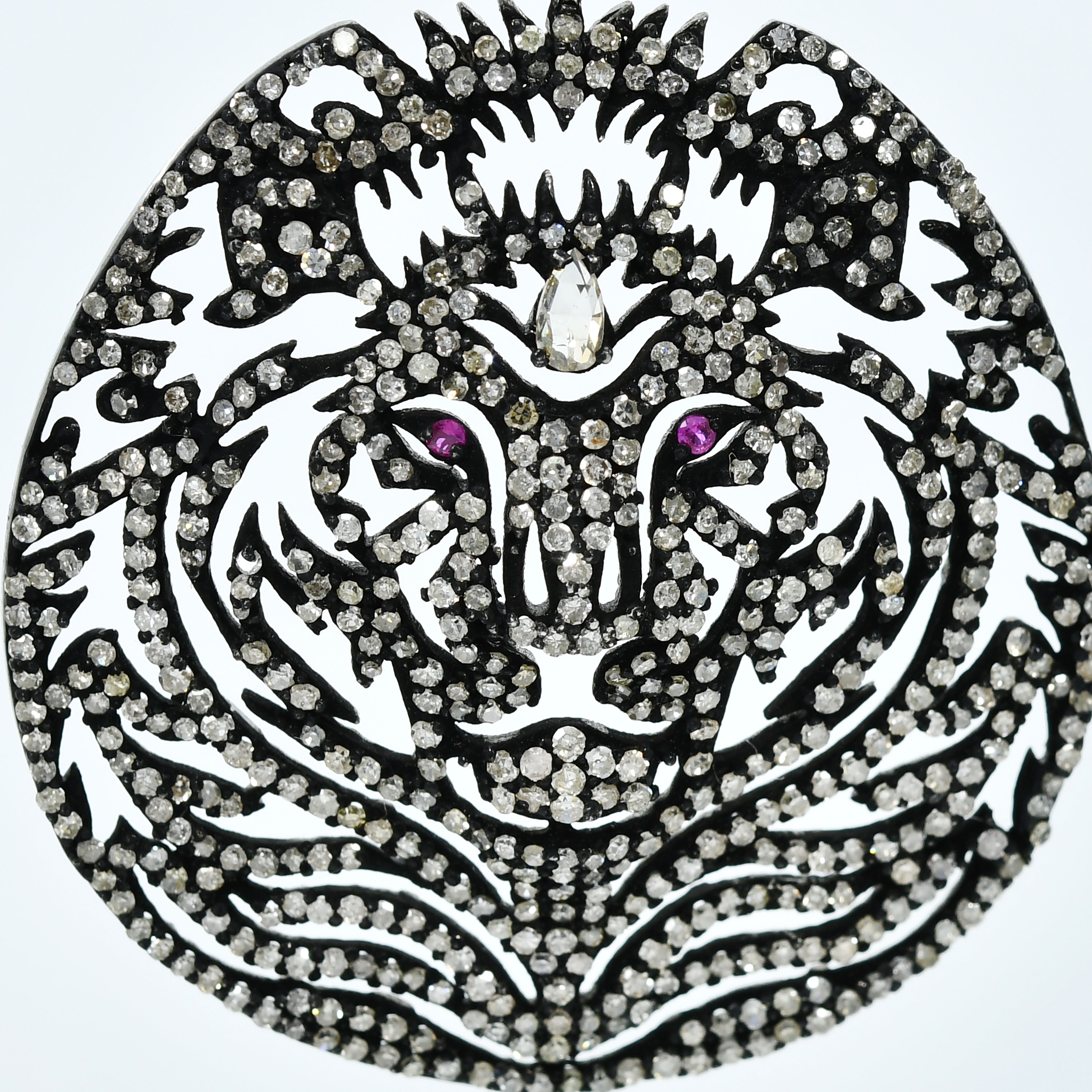 14k Yellow Gold Tiger-Face Diamond & Ruby Earrings - Animal Inspired