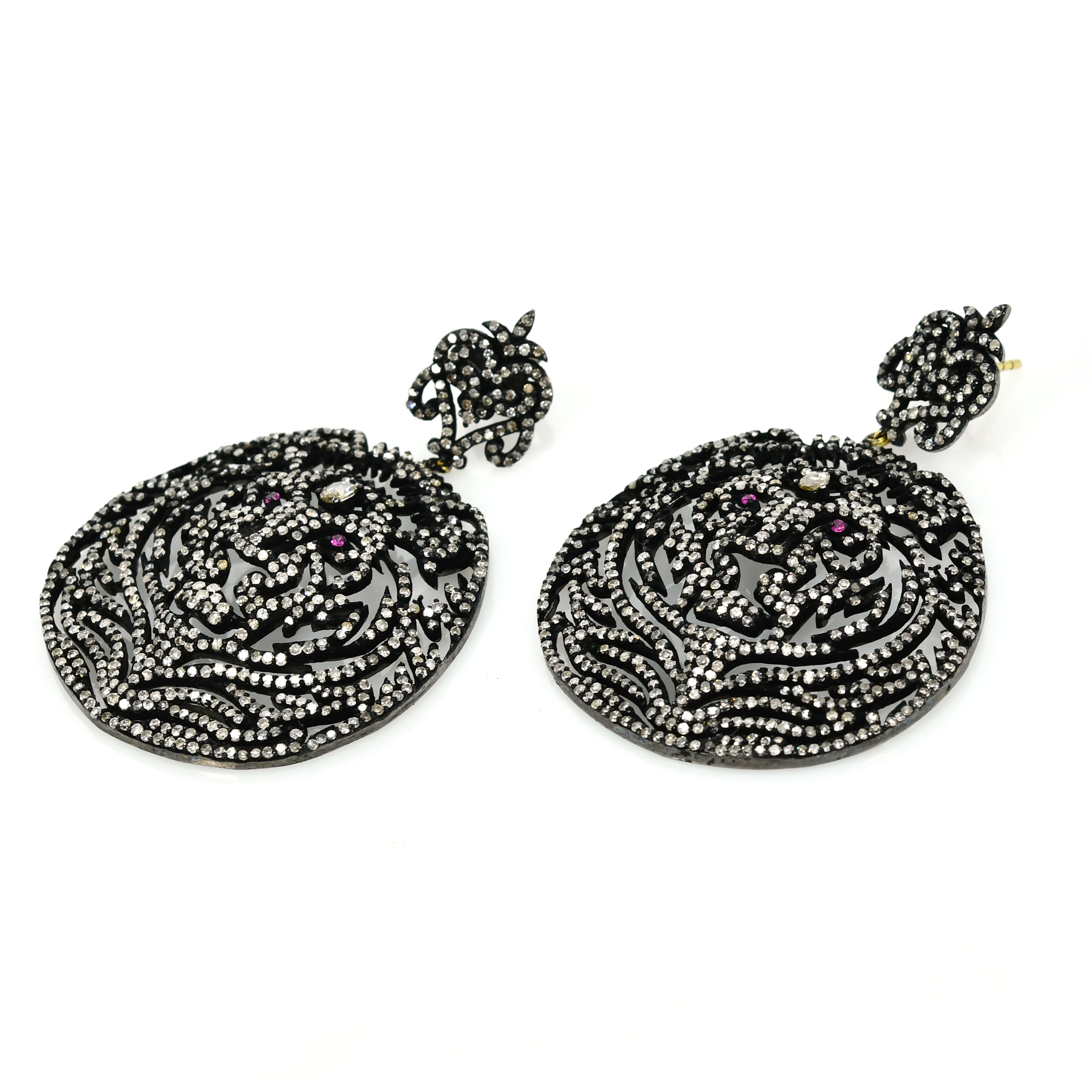 14k Yellow Gold Tiger-Face Diamond & Ruby Earrings - Animal Inspired