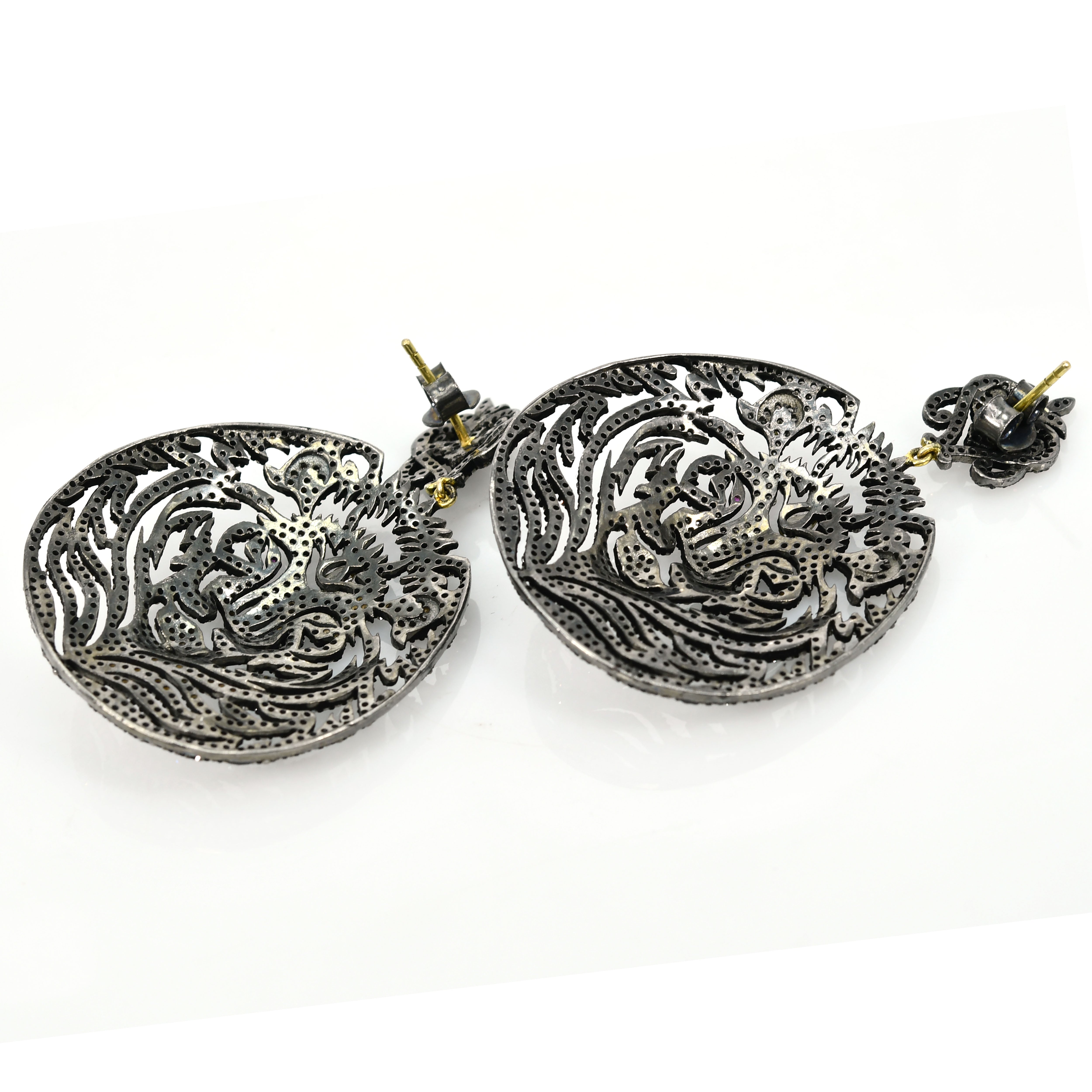14k Yellow Gold Tiger-Face Diamond & Ruby Earrings - Animal Inspired
