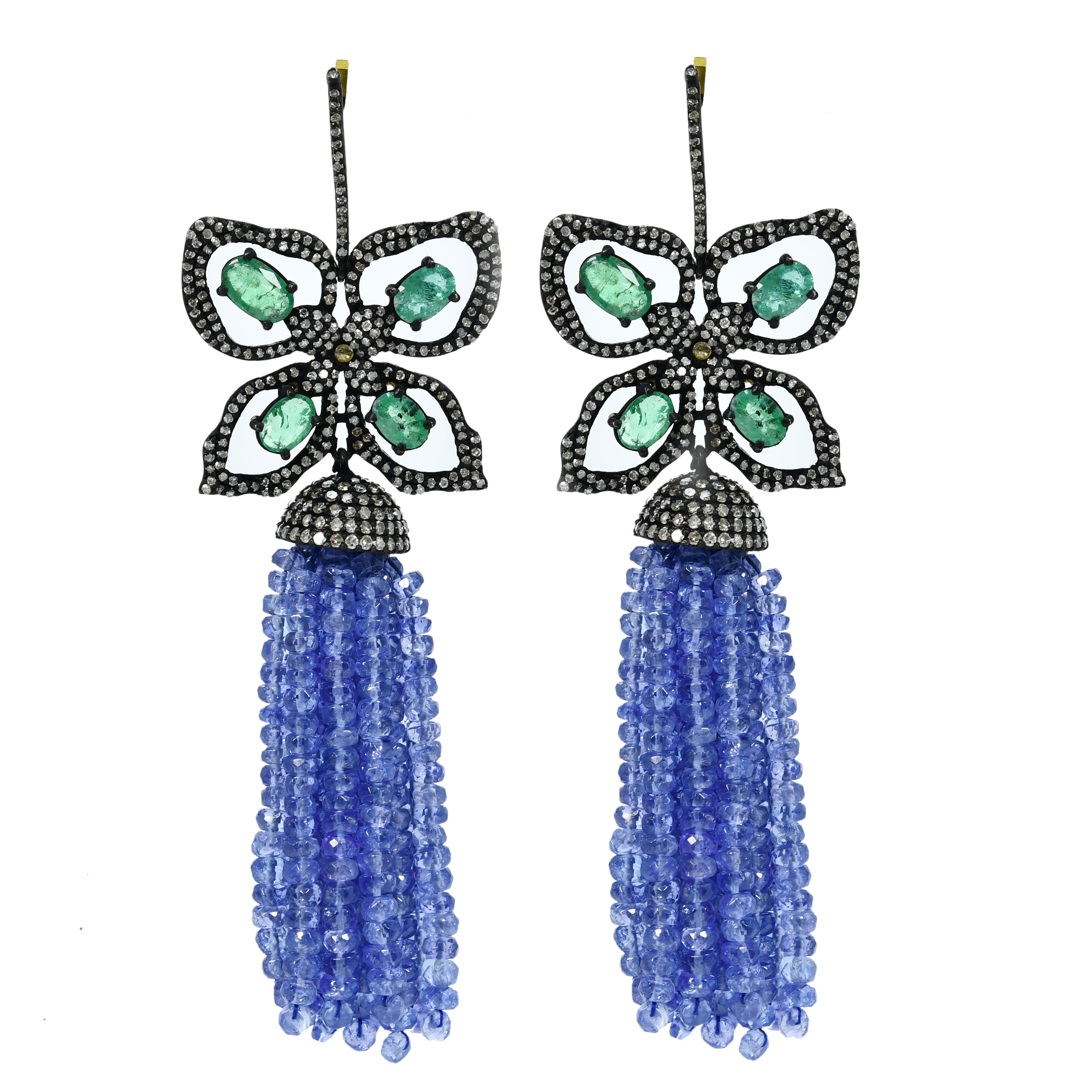 14k Yellow Gold Emerald & Tanzanite Tassel Drop Earrings - Long Dangle