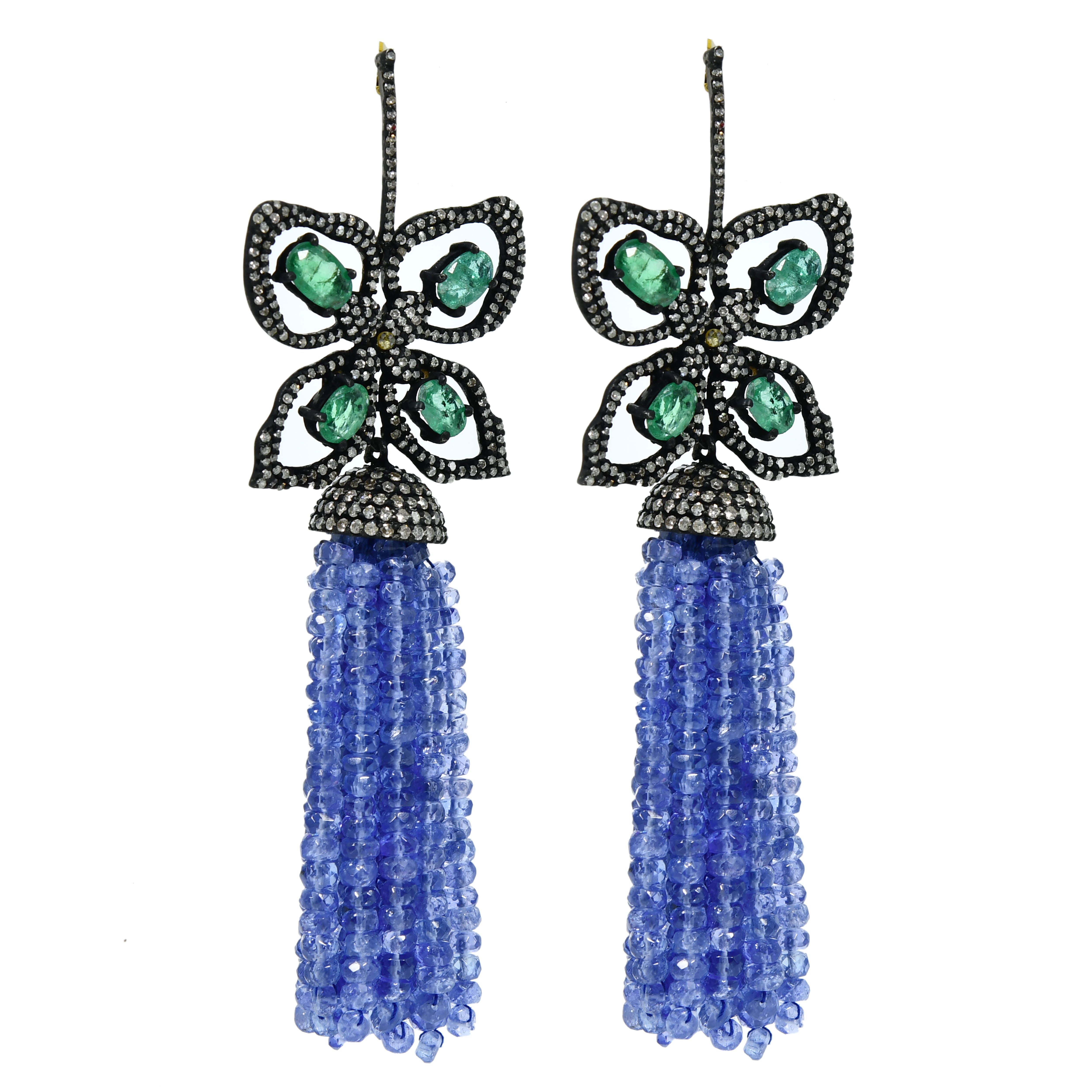 14k Yellow Gold Emerald & Tanzanite Tassel Drop Earrings - Long Dangle