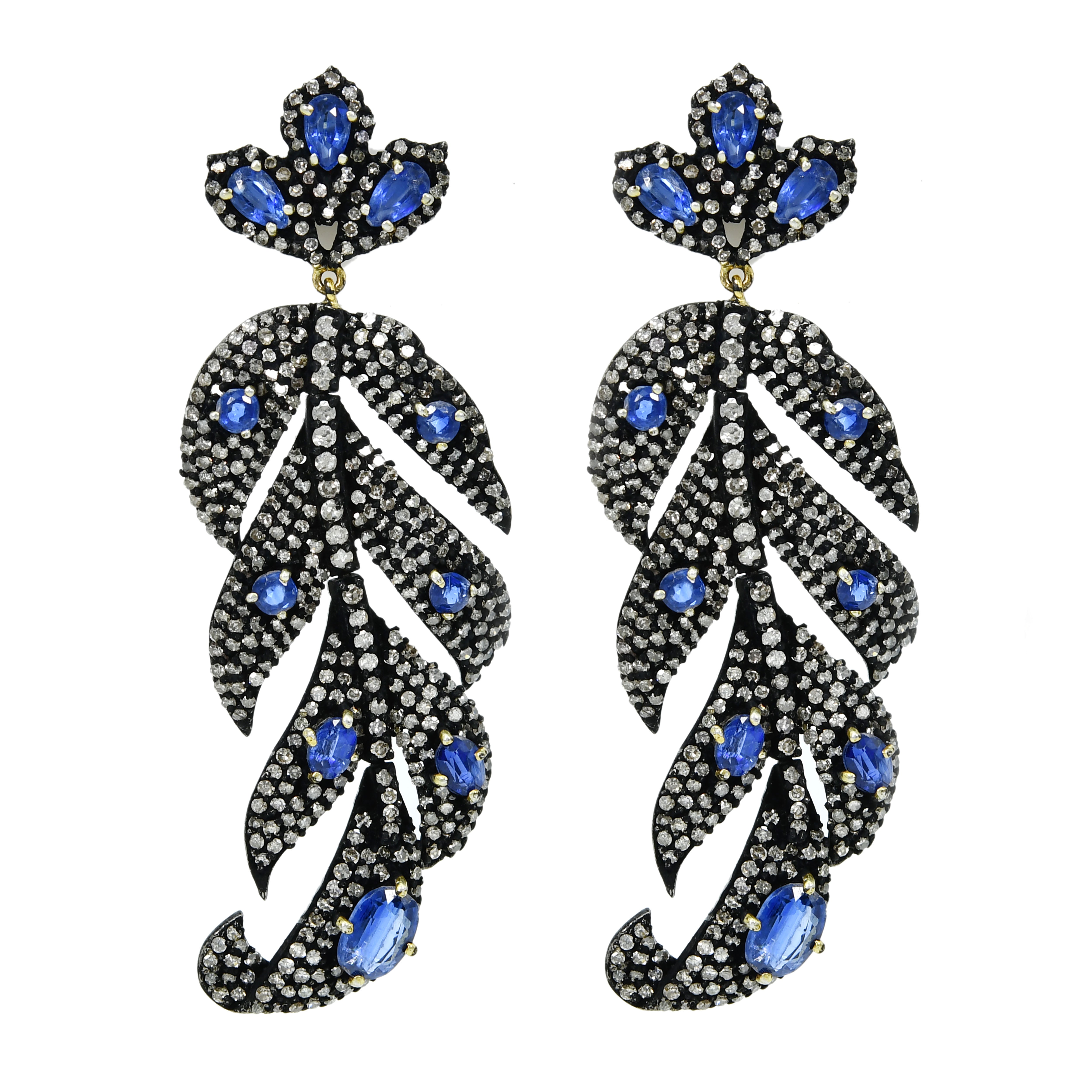 Blue Kyanite Leaf Earrings with Diamond Accents - Silver & Gold (Victorian)
