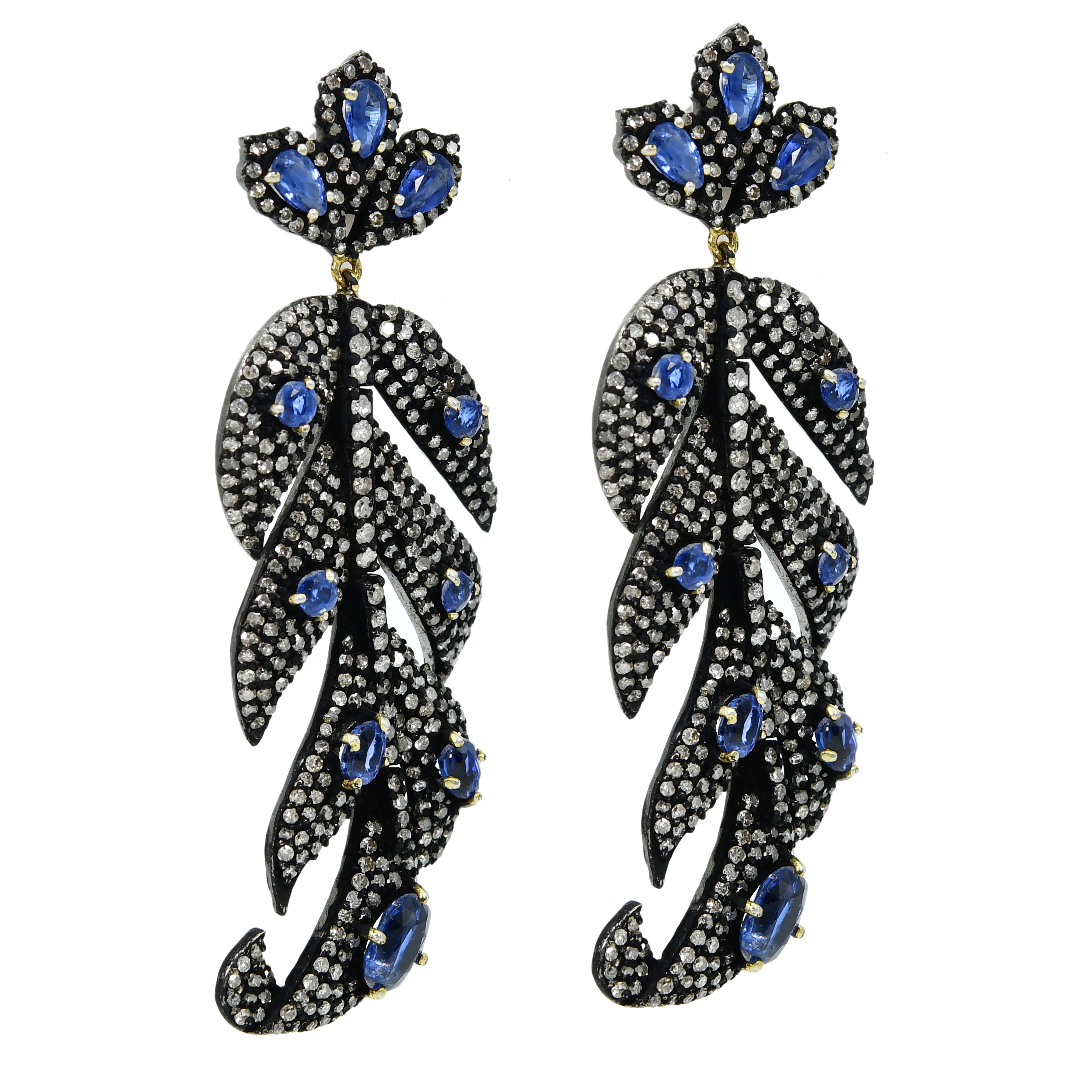 Blue Kyanite Leaf Earrings with Diamond Accents - Silver & Gold (Victorian)