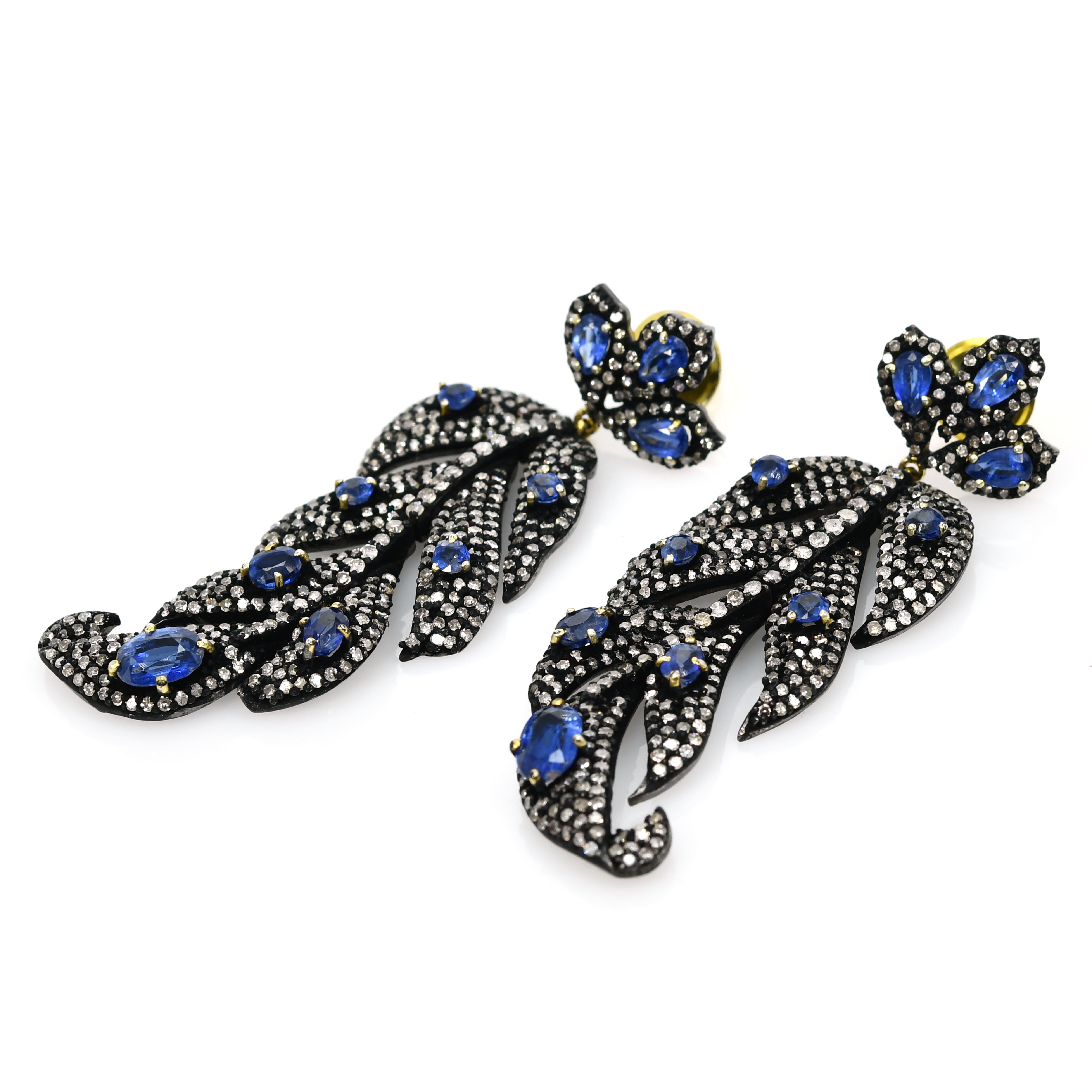 Blue Kyanite Leaf Earrings with Diamond Accents - Silver & Gold (Victorian)