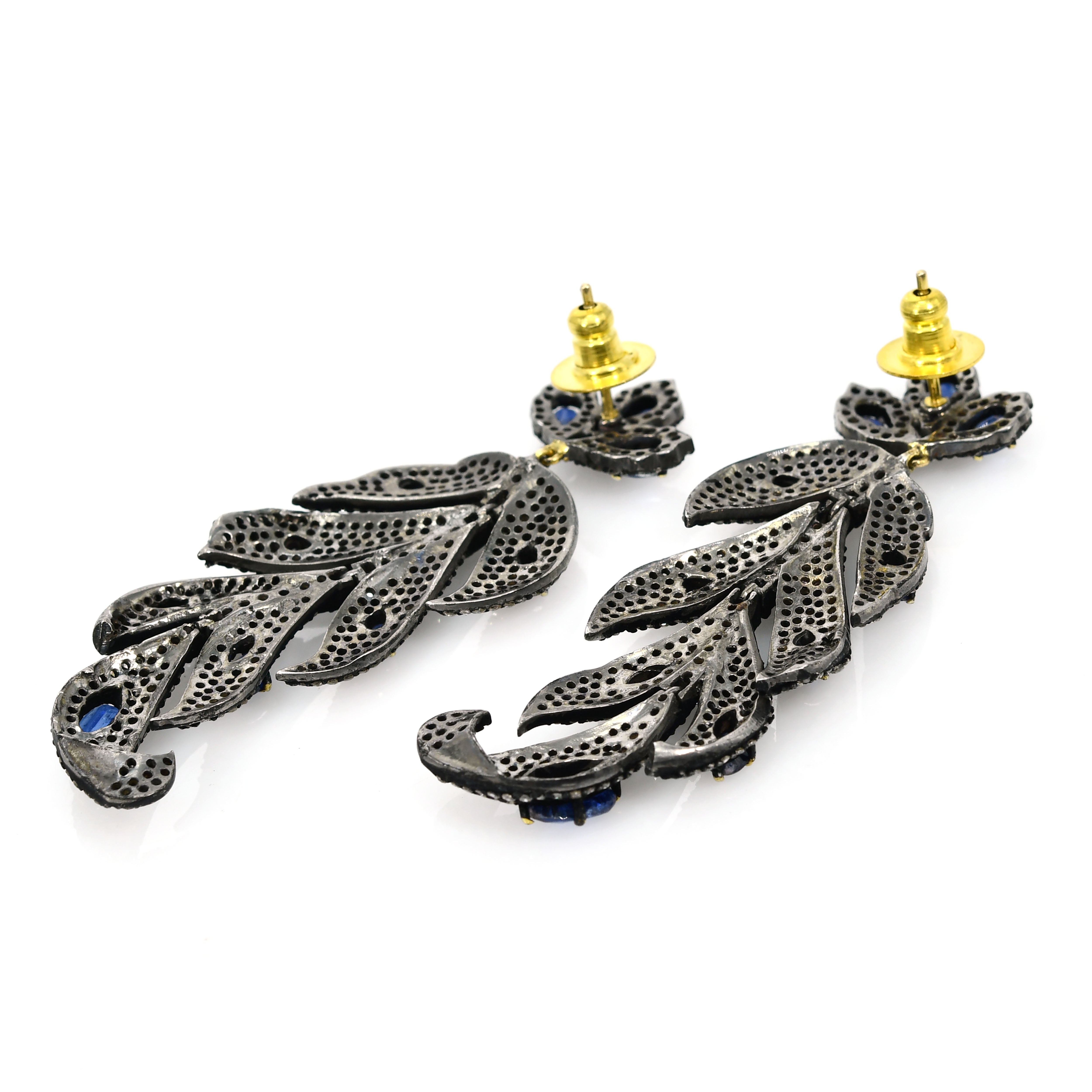 Blue Kyanite Leaf Earrings with Diamond Accents - Silver & Gold (Victorian)