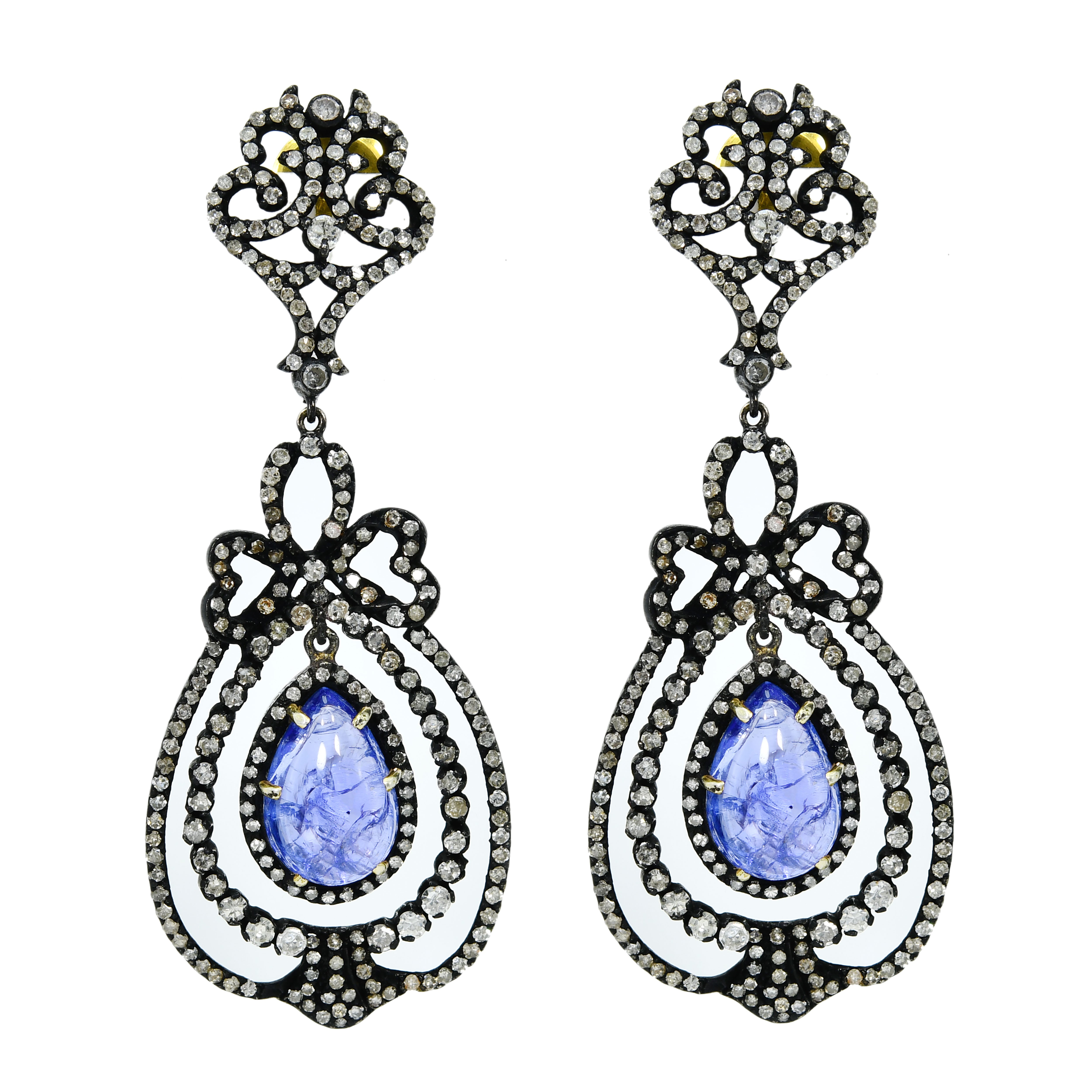 14k Yellow Gold Diamond Earrings with Blue Tanzanite Teardrop Dangles
