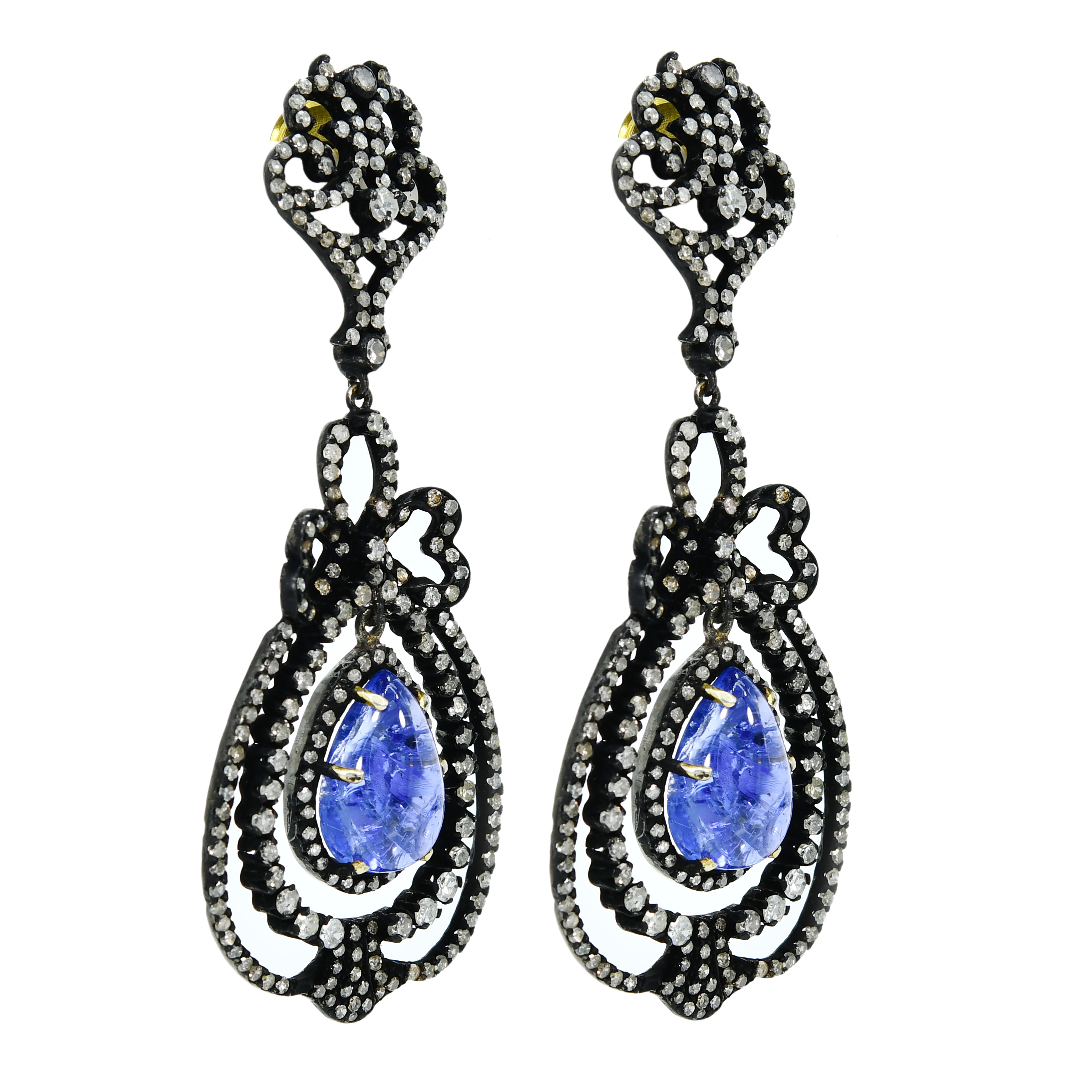 14k Yellow Gold Diamond Earrings with Blue Tanzanite Teardrop Dangles